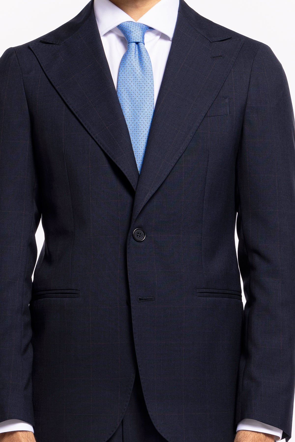 Abito uomo monopetto blu quadro rosso fresco lana super 120's Holland & Sherry Rever largo a lancia