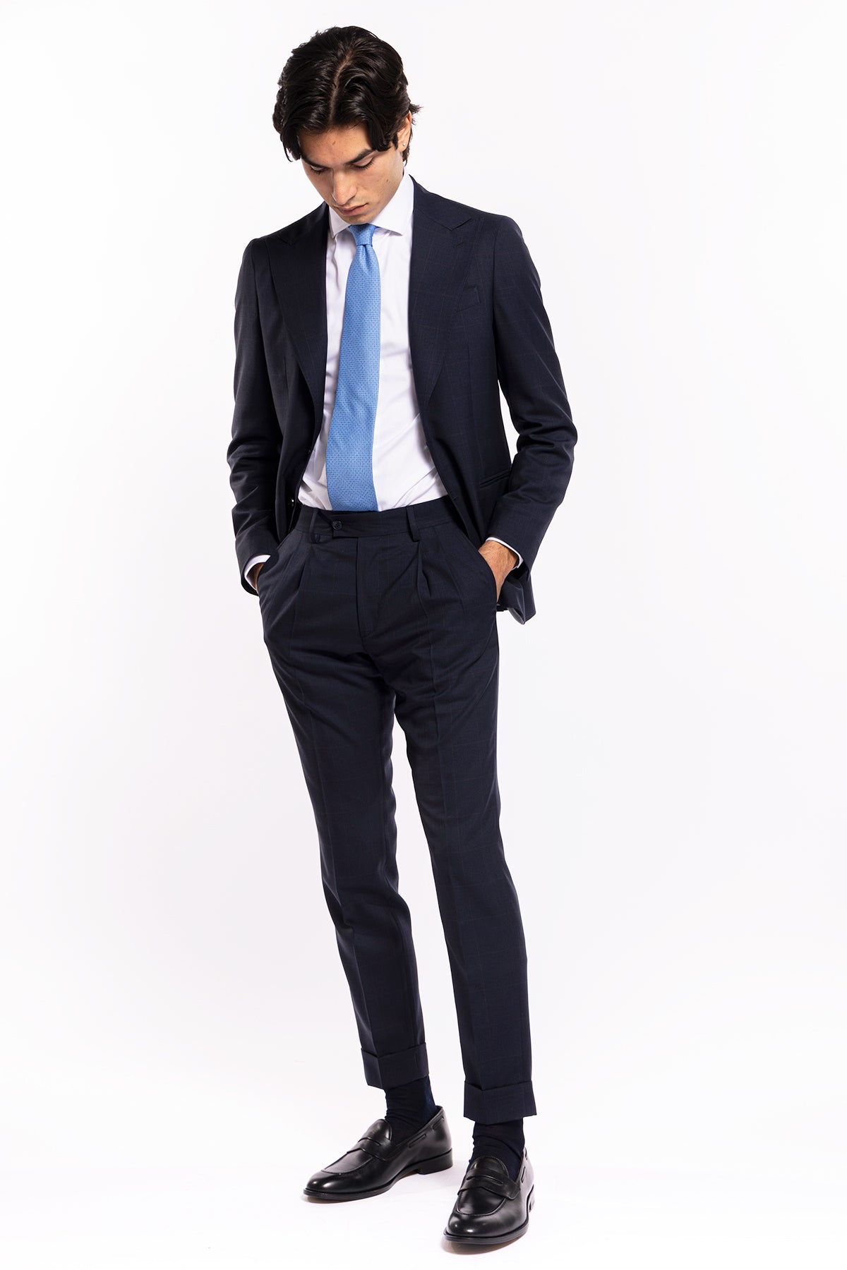Giacca uomo monopetto blu quadro rosso fresco lana super 120's Holland & Sherry Rever largo a lancia