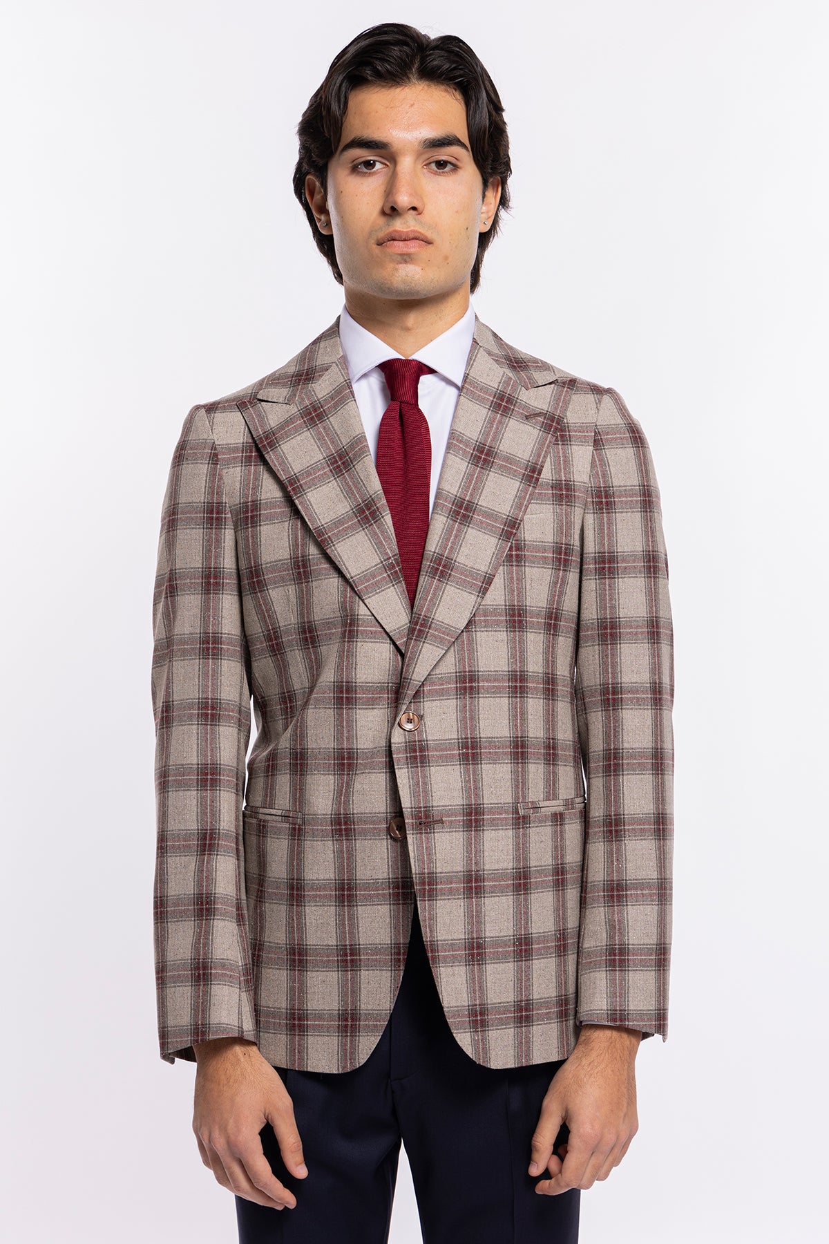 Abito uomo monopetto beige a quadri bordeaux lana e seta Vitale Barberis Canonico Rever largo a lancia