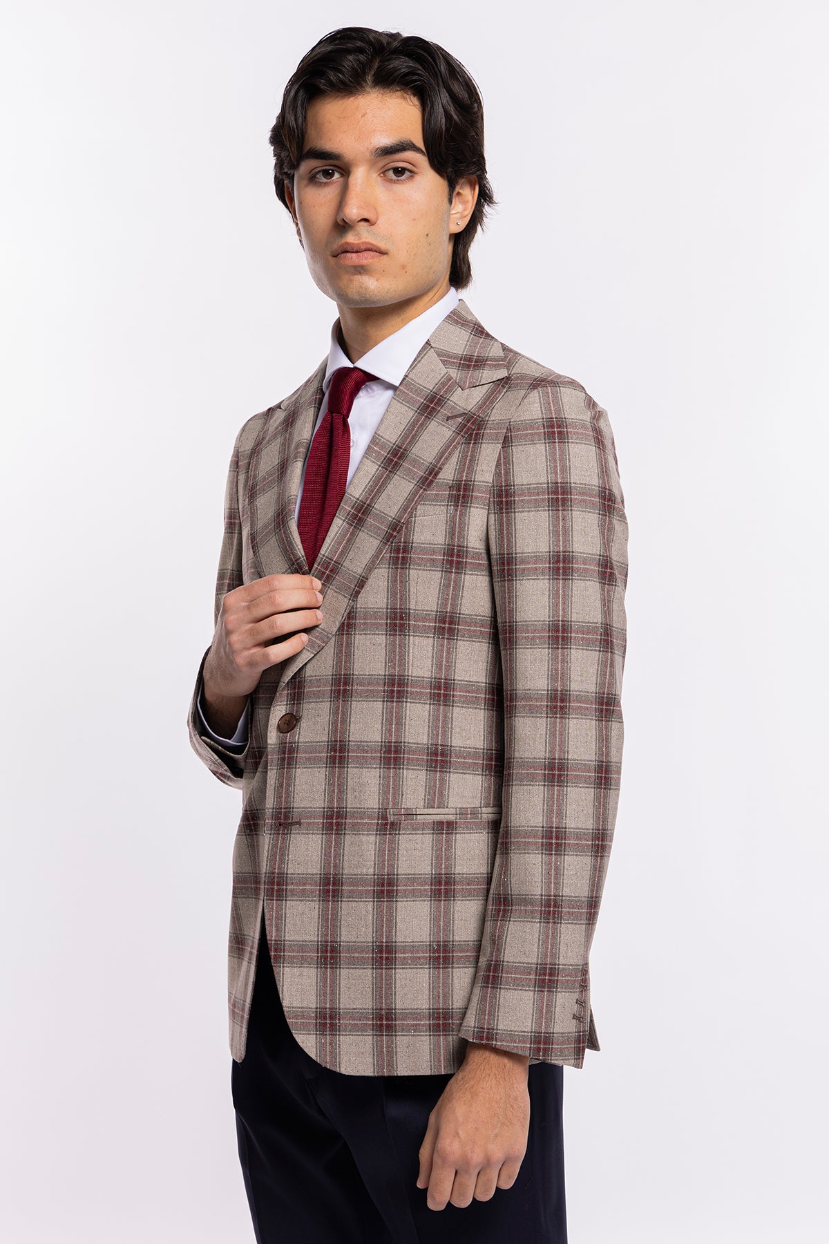 Abito uomo monopetto beige a quadri bordeaux lana e seta Vitale Barberis Canonico Rever largo a lancia