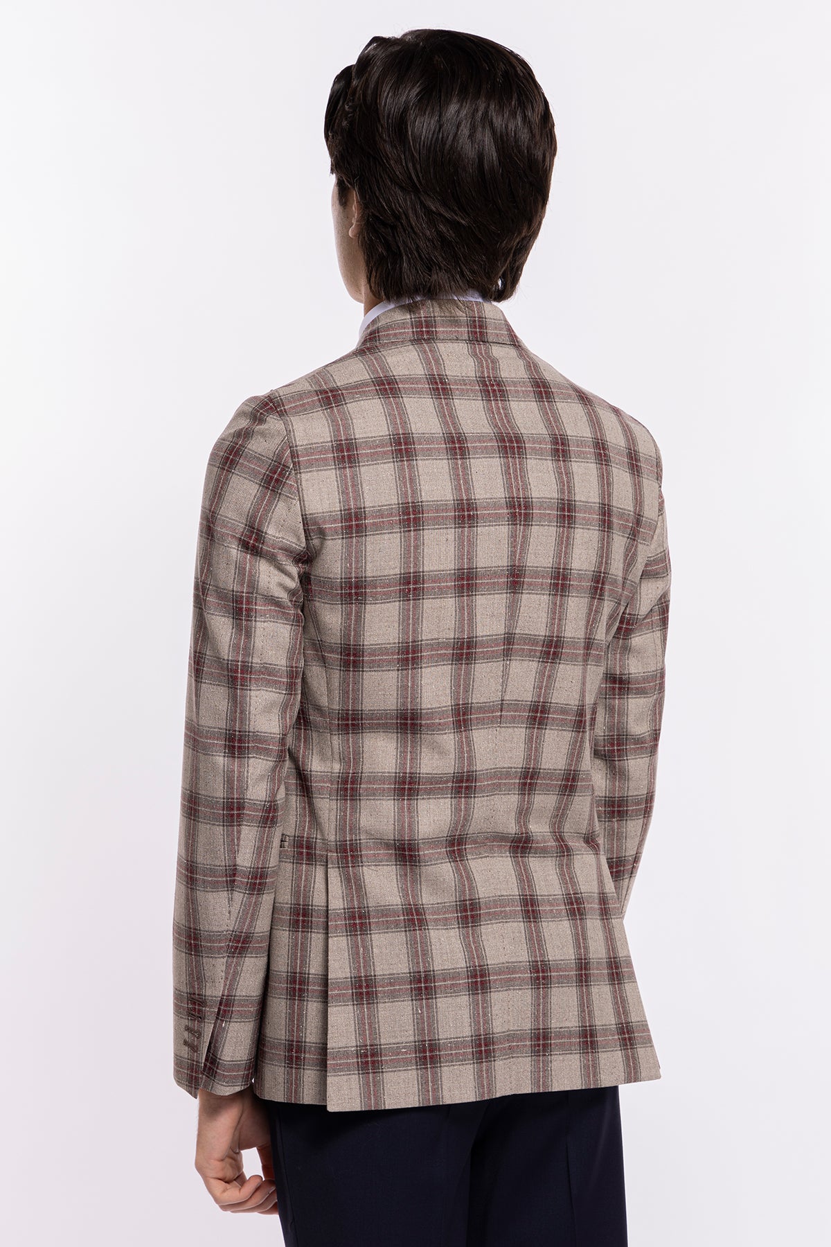 Giacca uomo monopetto beige a quadri bordeaux lana e seta Vitale Barberis Canonico Rever largo a lancia