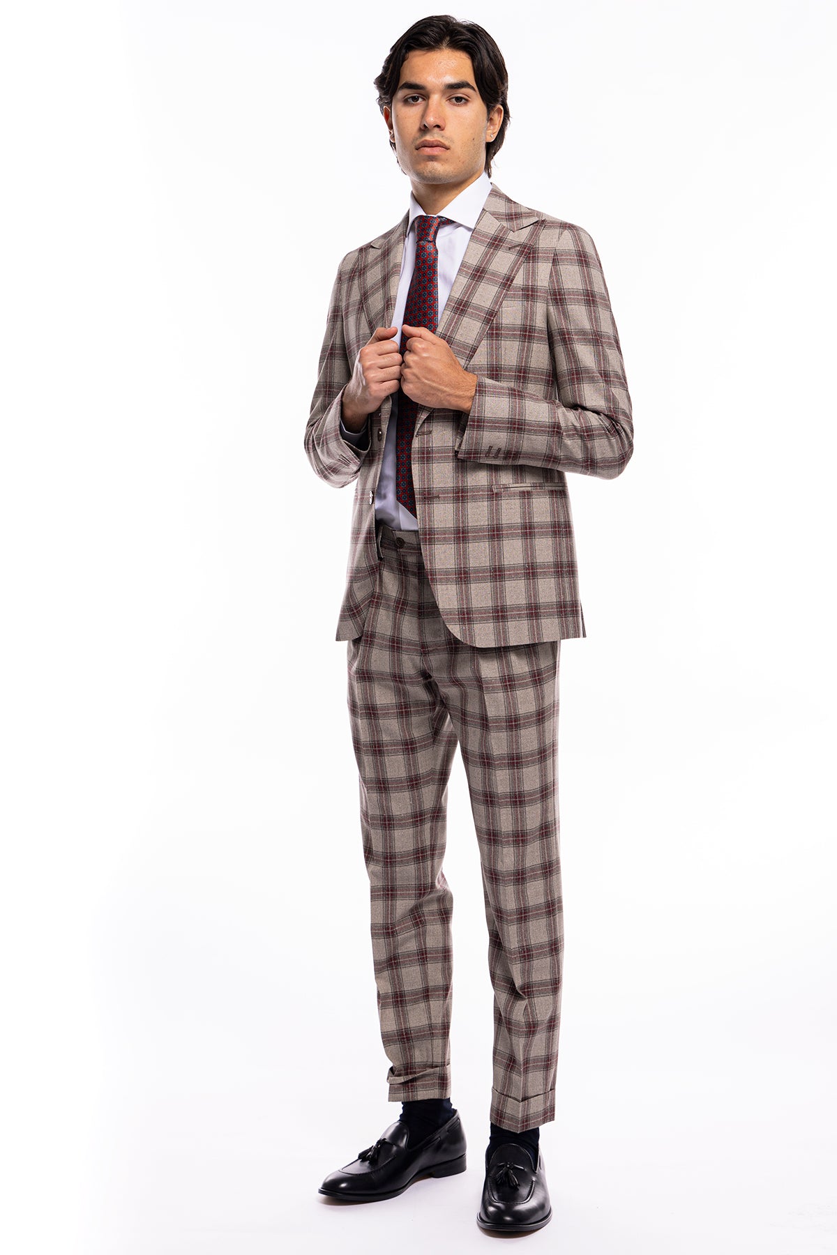 Giacca uomo monopetto beige a quadri bordeaux lana e seta Vitale Barberis Canonico Rever largo a lancia