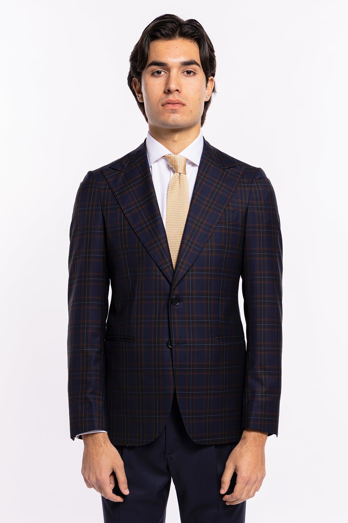 Giacca uomo monopetto blu a quadri marroni fresco lana Vitale Barberis Canonico Rever largo a lancia