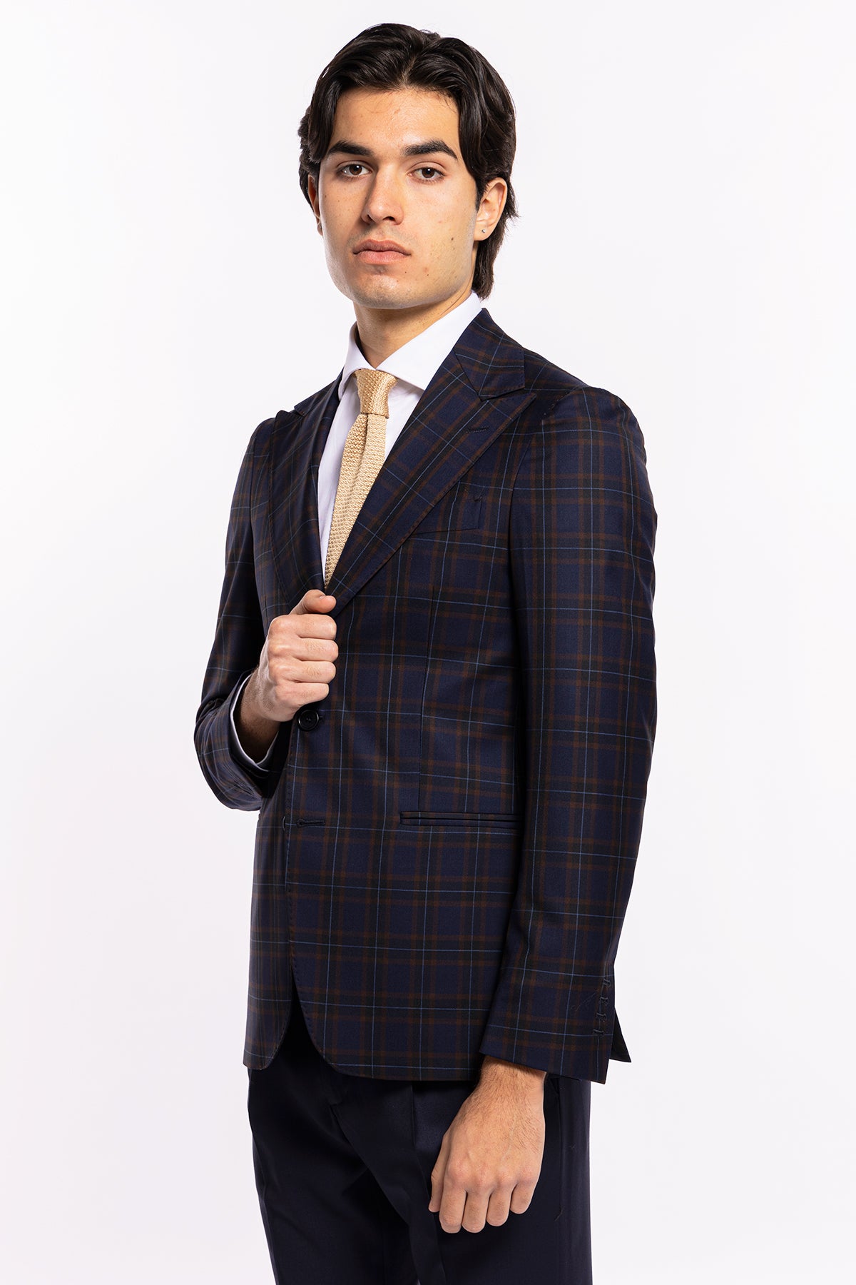 Giacca uomo monopetto blu a quadri marroni fresco lana Vitale Barberis Canonico Rever largo a lancia
