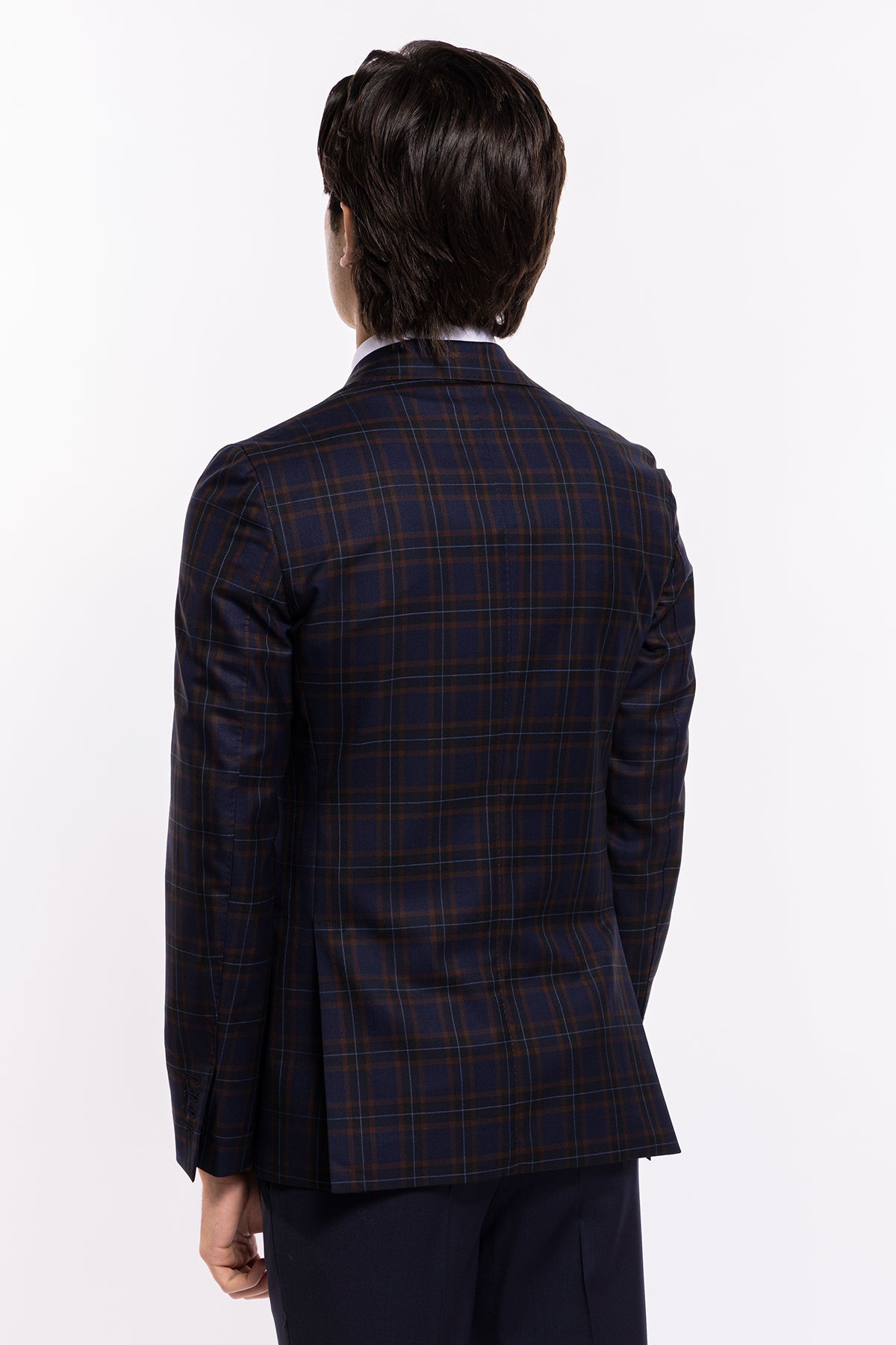 Giacca uomo monopetto blu a quadri marroni fresco lana Vitale Barberis Canonico Rever largo a lancia