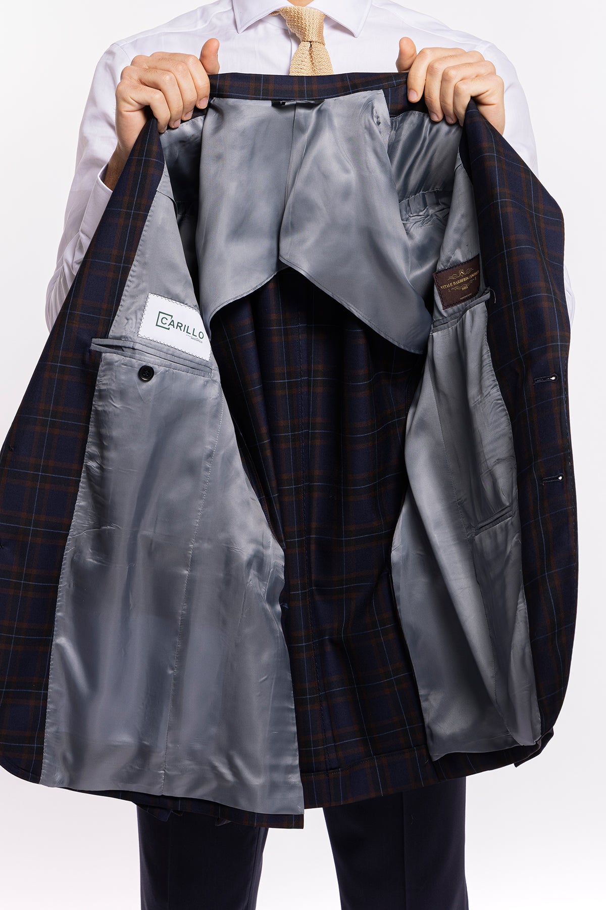 Giacca uomo monopetto blu a quadri marroni fresco lana Vitale Barberis Canonico Rever largo a lancia