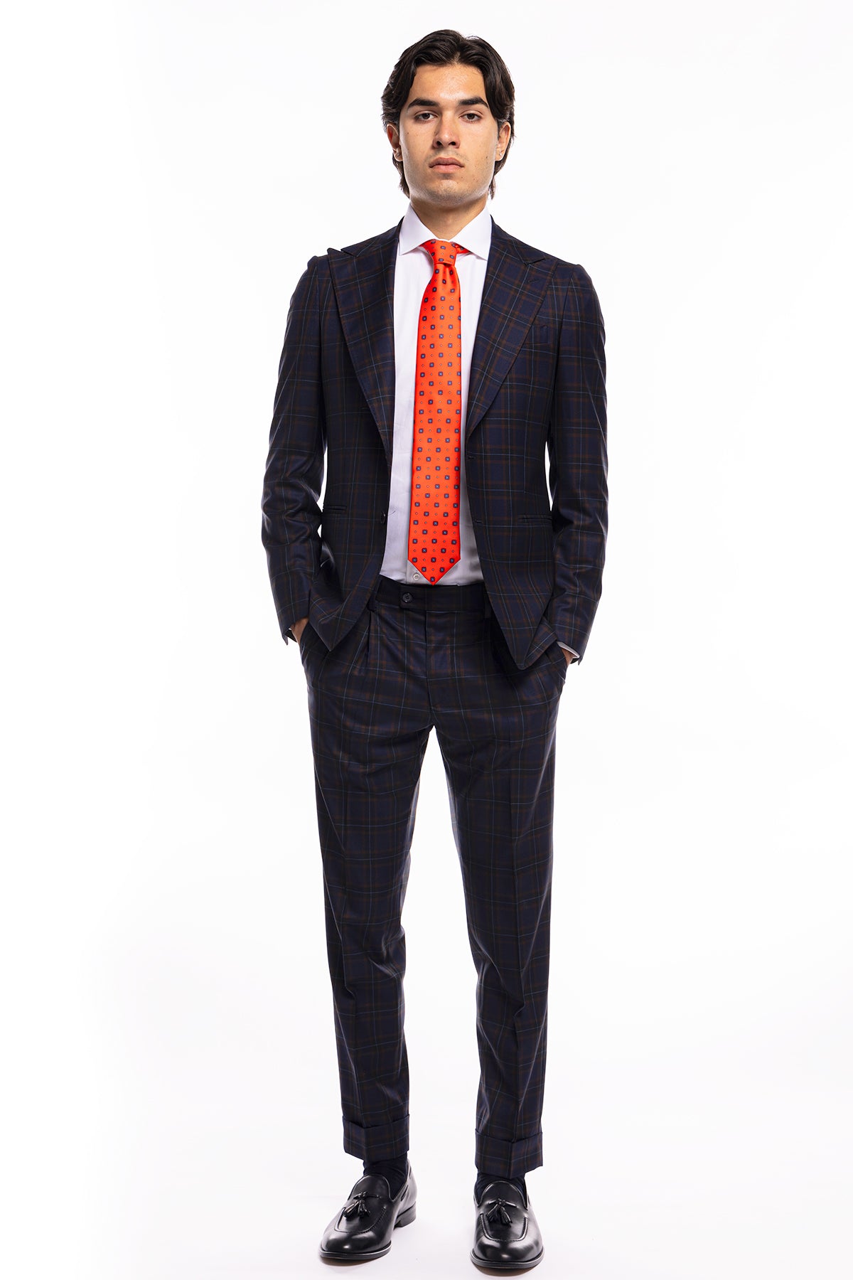 Giacca uomo monopetto blu a quadri marroni fresco lana Vitale Barberis Canonico Rever largo a lancia