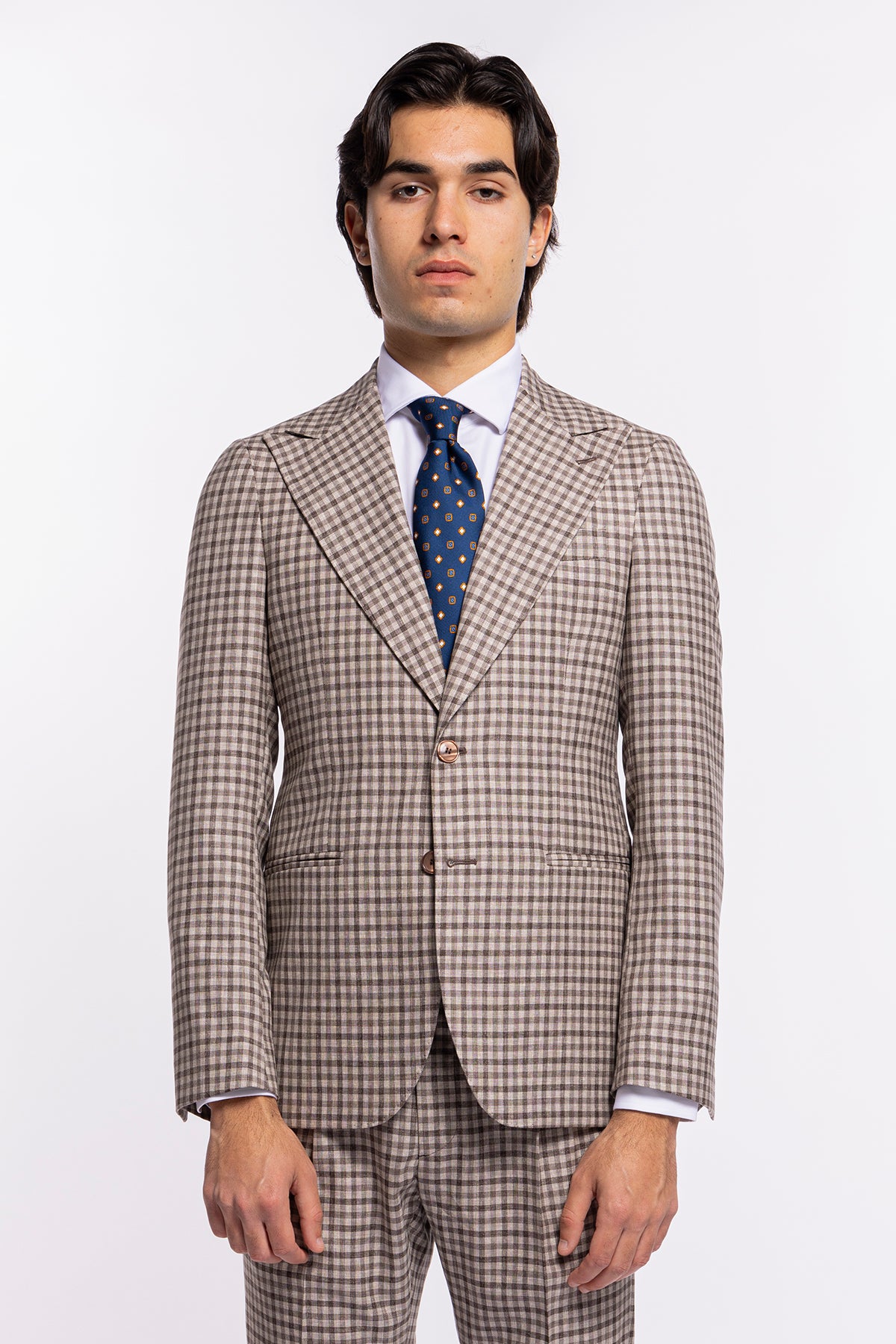 Abito uomo monopetto beige a quadri marroni fresco lana Vitale Barberis Canonico Rever largo a lancia