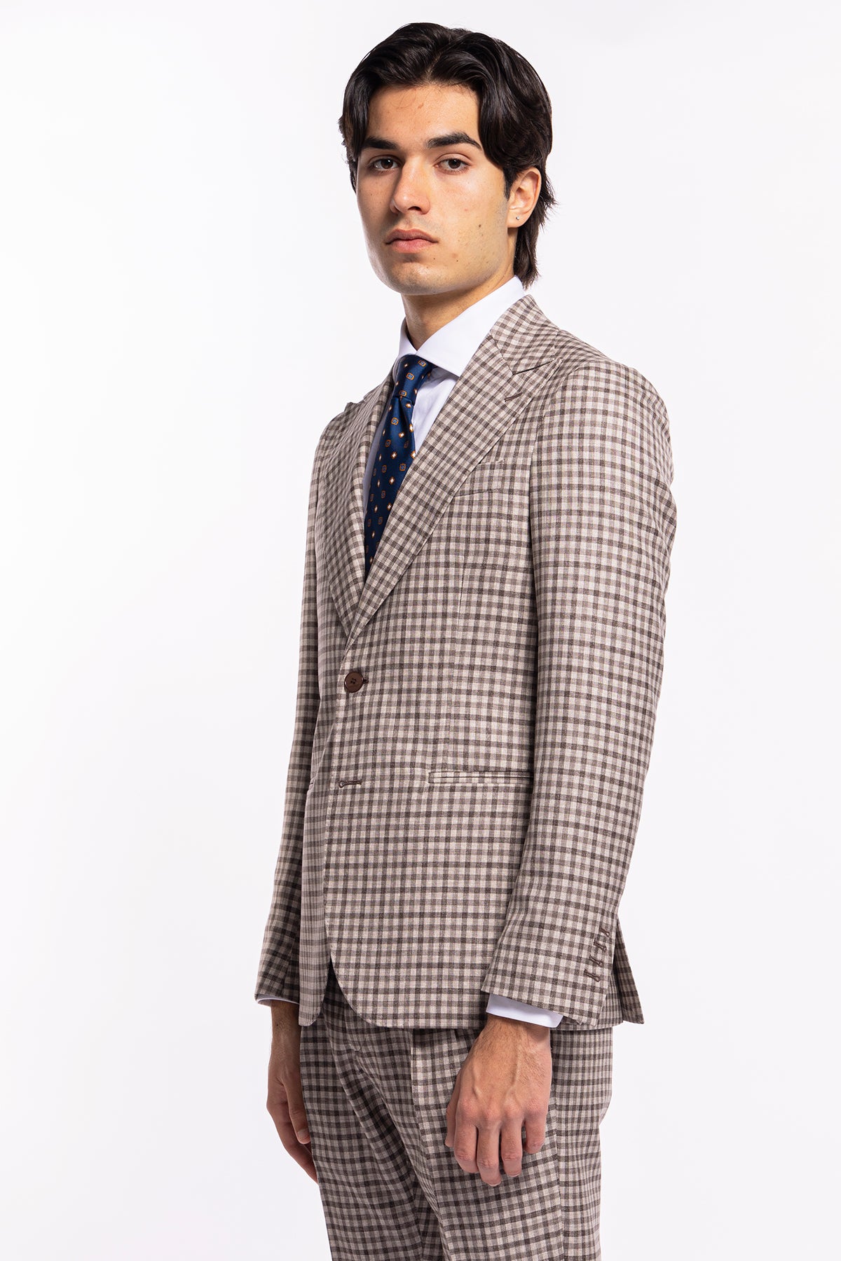 Giacca uomo monopetto beige a quadri marroni fresco lana Vitale Barberis Canonico Rever largo a lancia