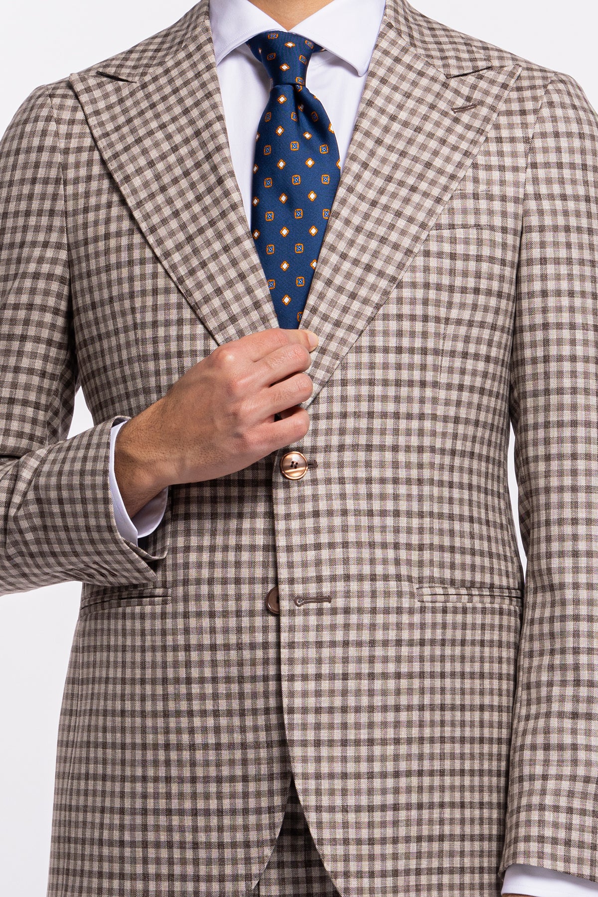 Giacca uomo monopetto beige a quadri marroni fresco lana Vitale Barberis Canonico Rever largo a lancia