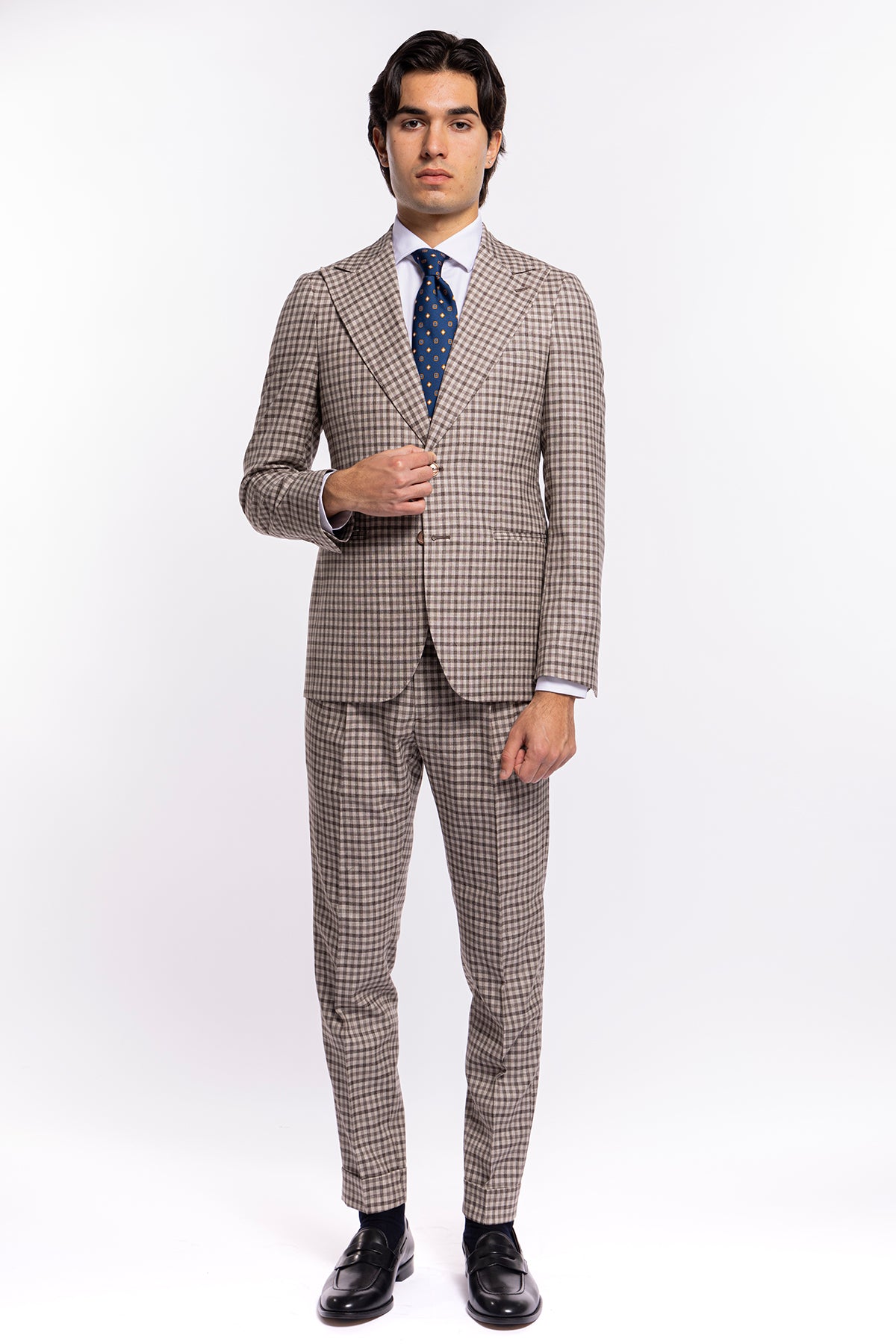 Abito uomo monopetto beige a quadri marroni fresco lana Vitale Barberis Canonico Rever largo a lancia