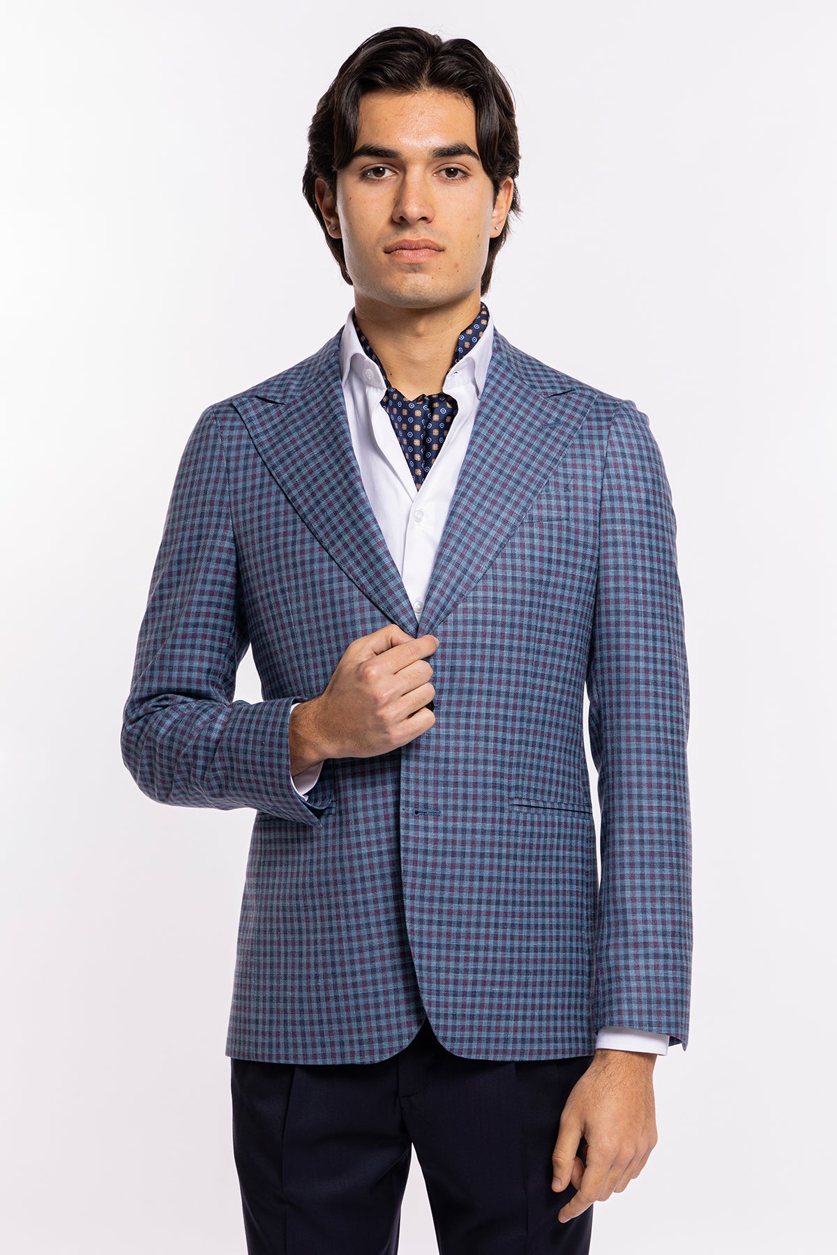 Giacca uomo monopetto blu denim quadri bordeaux fresco lana seta lino Bristol Tessuti Rever largo a lancia