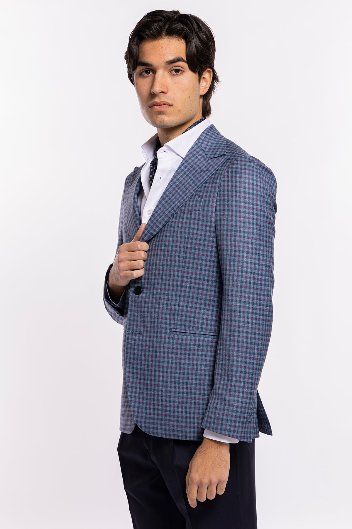 Abito uomo monopetto blu denim quadri bordeaux fresco lana seta lino Bristol Tessuti Rever largo a lancia
