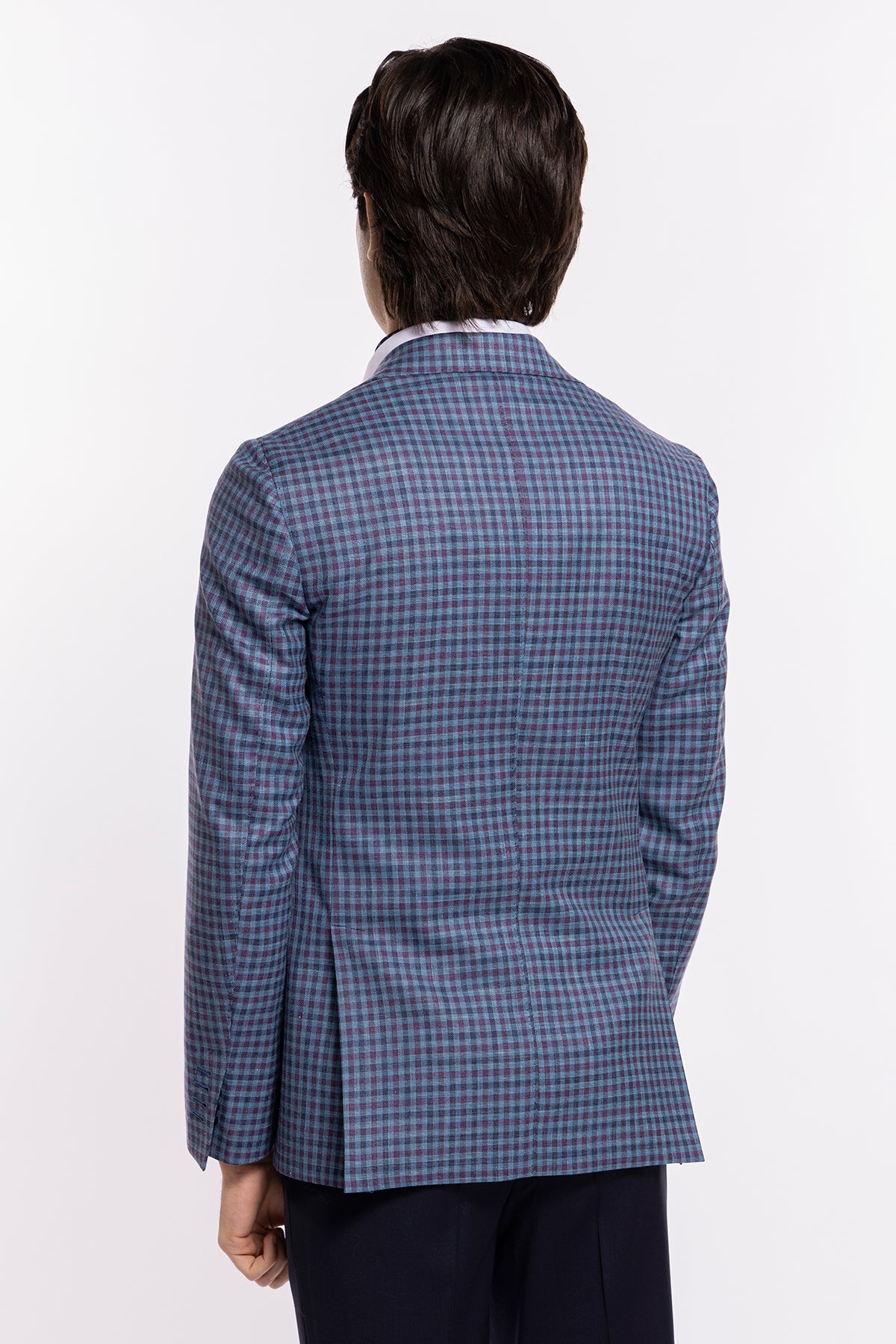 Giacca uomo monopetto blu denim quadri bordeaux fresco lana seta lino Bristol Tessuti Rever largo a lancia
