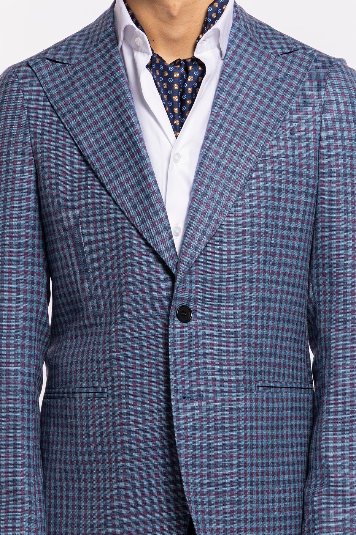 Giacca uomo monopetto blu denim quadri bordeaux fresco lana seta lino Bristol Tessuti Rever largo a lancia