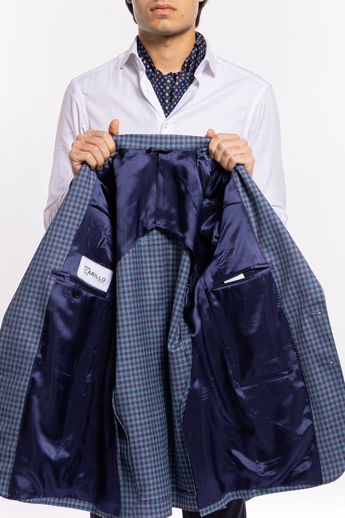 Giacca uomo monopetto blu denim quadri bordeaux fresco lana seta lino Bristol Tessuti Rever largo a lancia