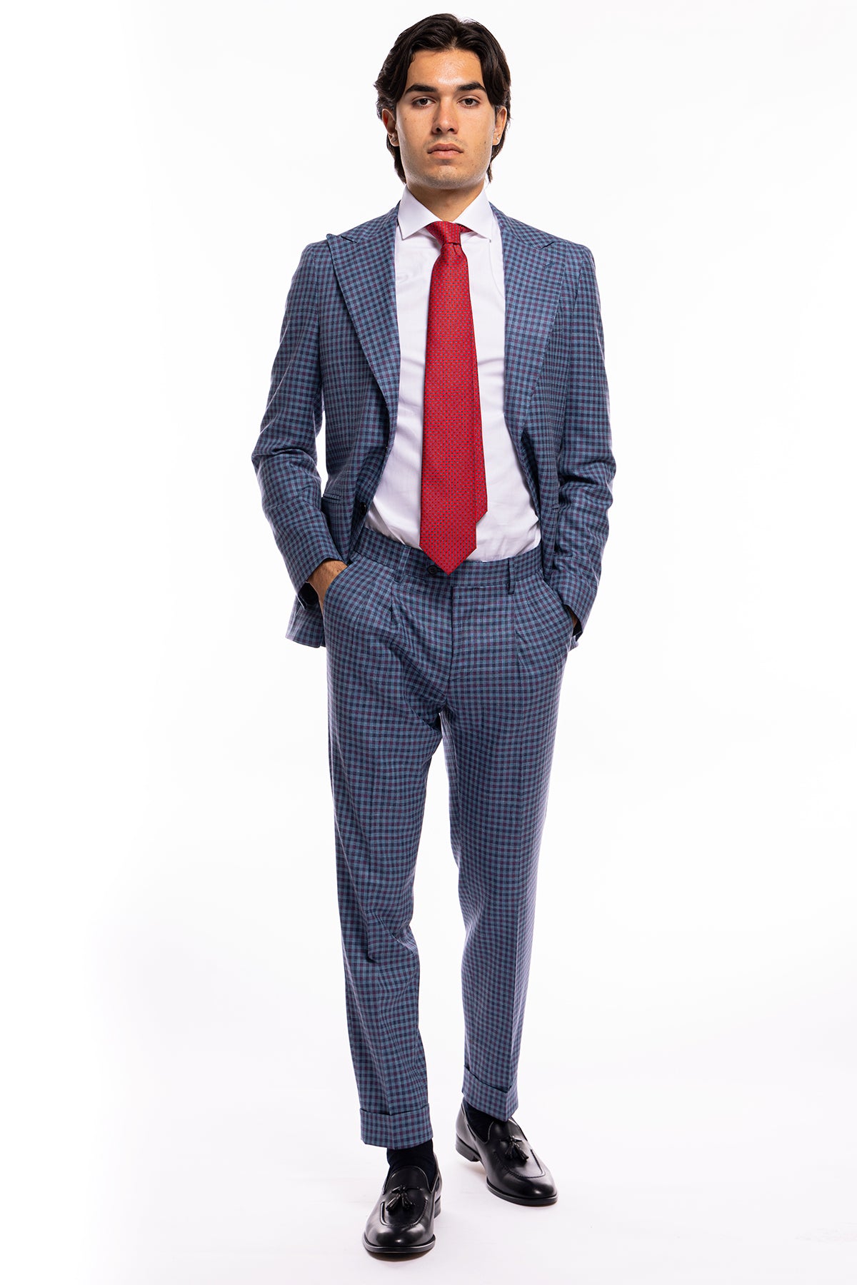 Giacca uomo monopetto blu denim quadri bordeaux fresco lana seta lino Bristol Tessuti Rever largo a lancia