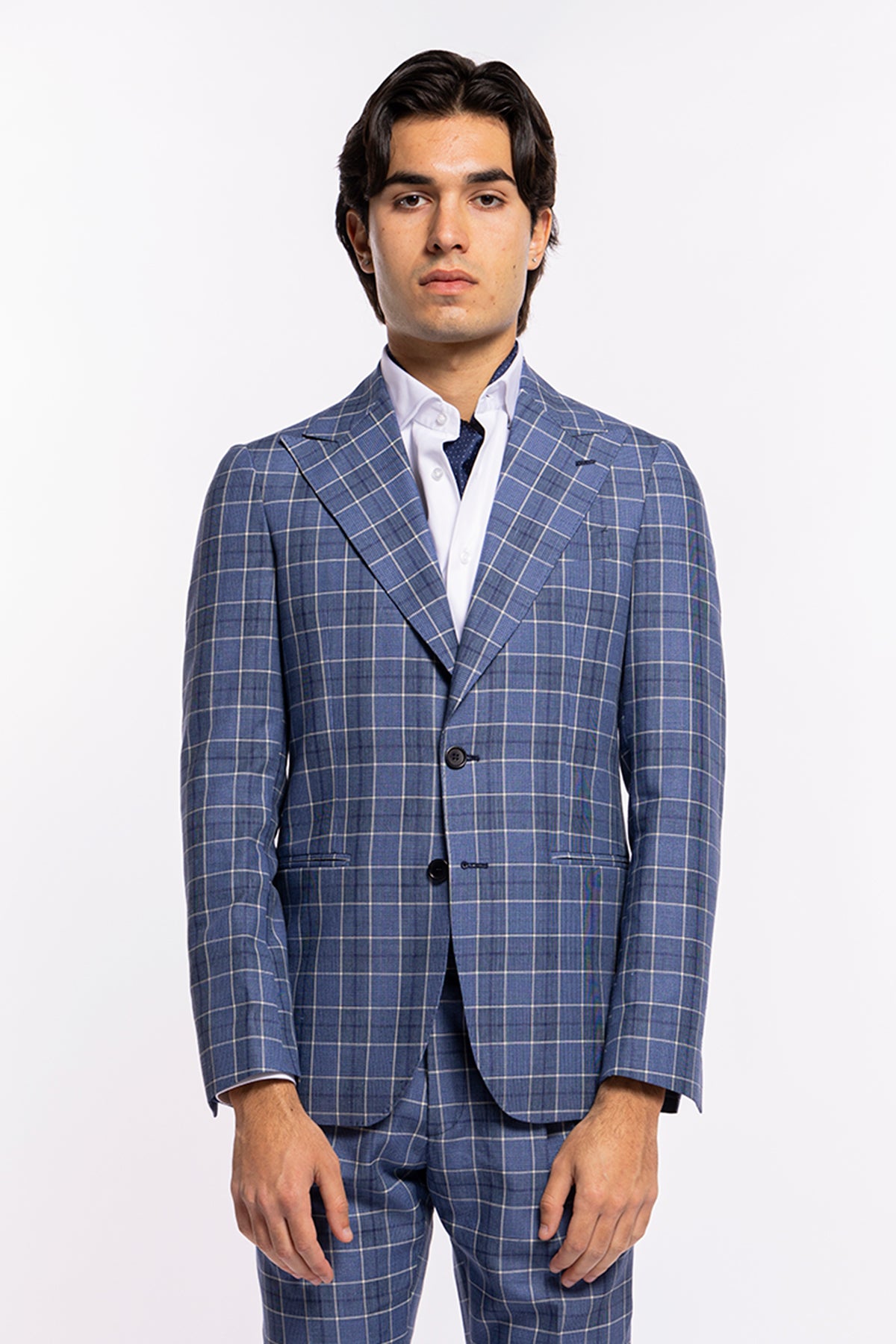 Abito uomo monopetto blu denim quadri bianchi fresco lana e lino Bristol Tessuti Rever largo a lancia