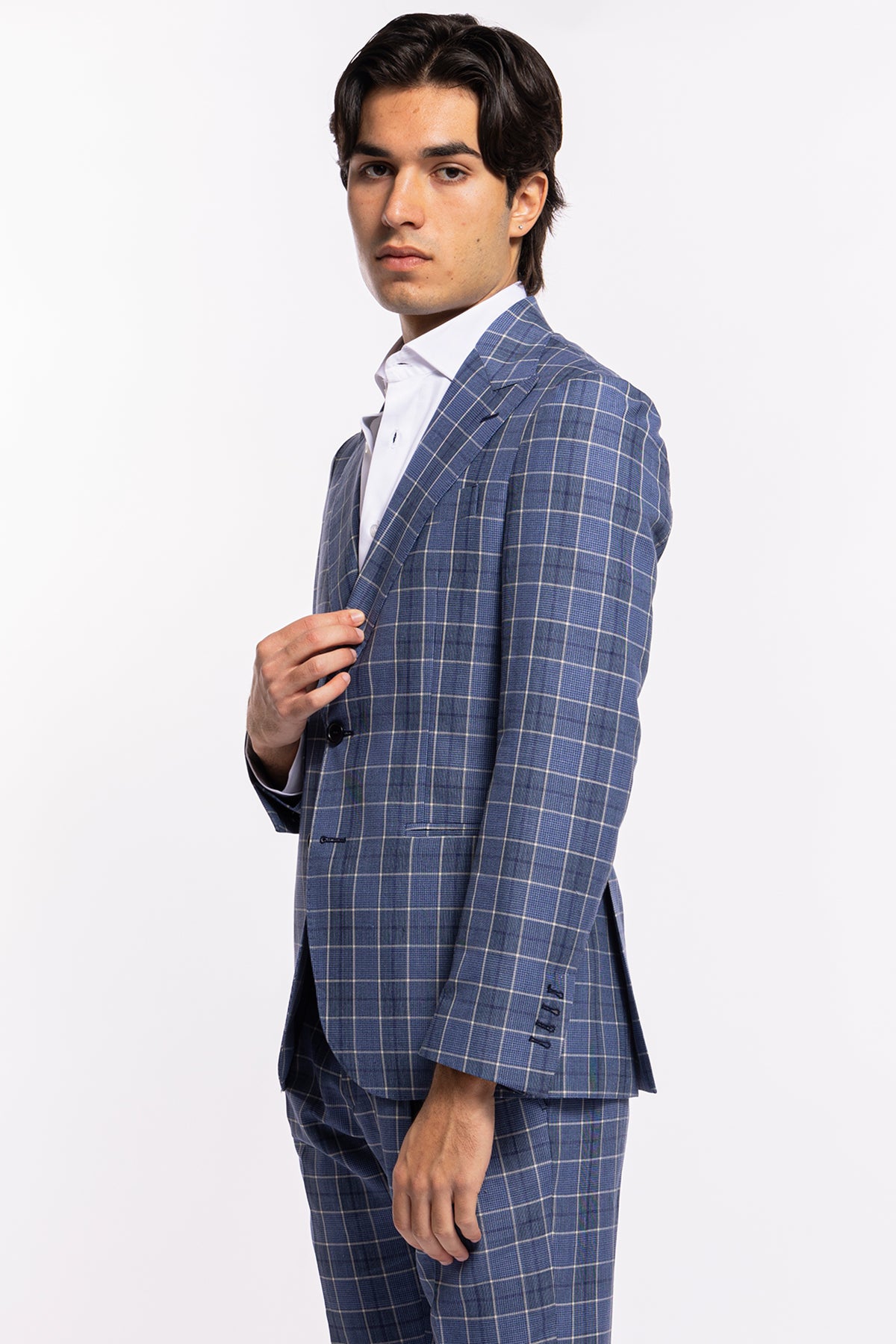 Abito uomo monopetto blu denim quadri bianchi fresco lana e lino Bristol Tessuti Rever largo a lancia