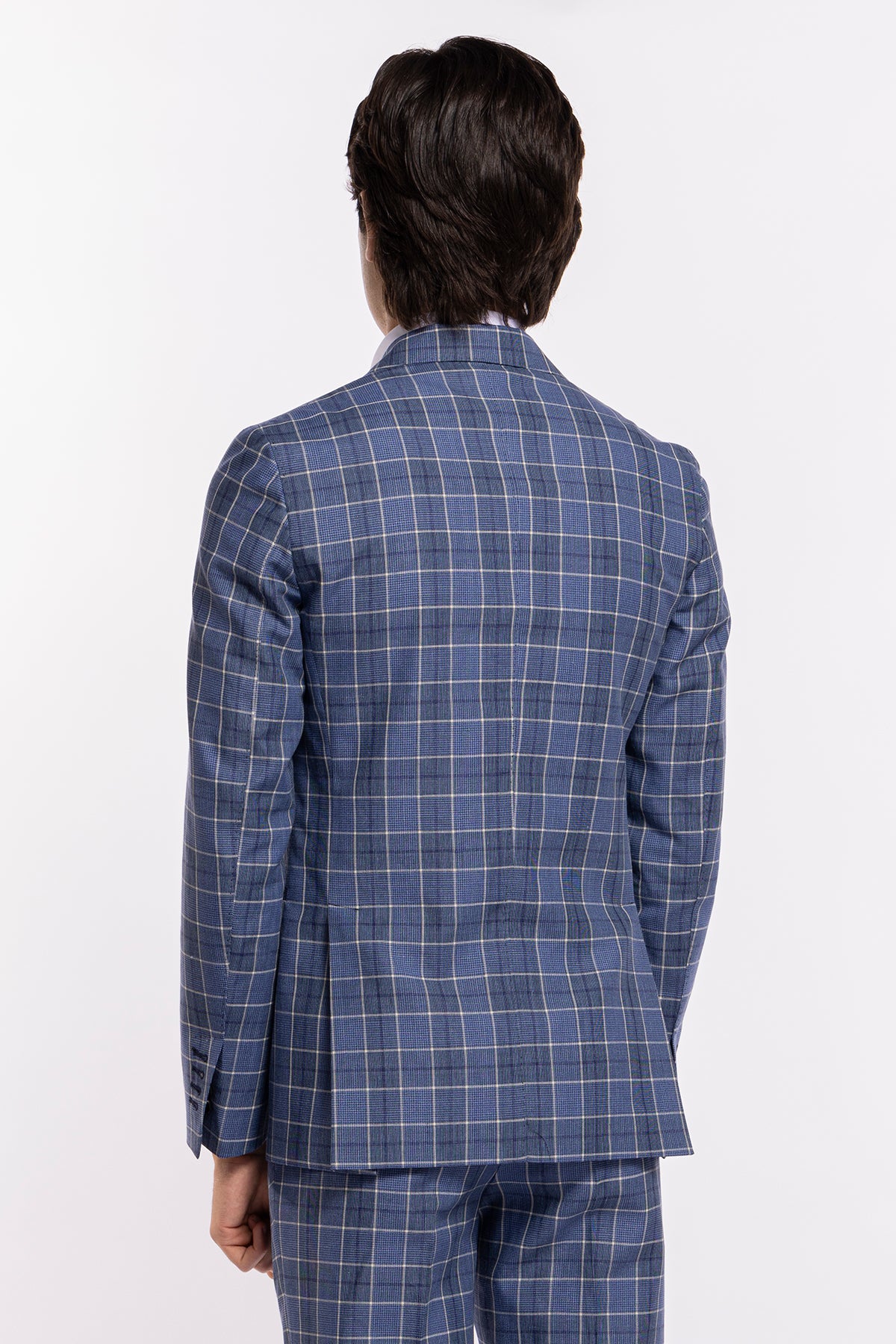 Abito uomo monopetto blu denim quadri bianchi fresco lana e lino Bristol Tessuti Rever largo a lancia