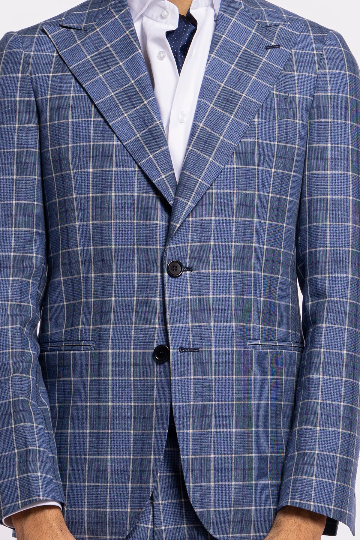 Abito uomo monopetto blu denim quadri bianchi fresco lana e lino Bristol Tessuti Rever largo a lancia
