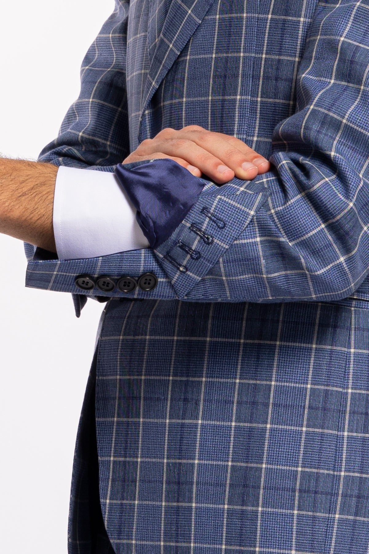 Giacca uomo monopetto blu denim quadri bianchi fresco lana e lino Bristol Tessuti Rever largo a lancia
