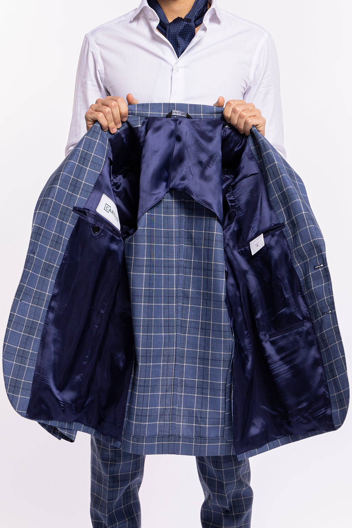 Abito uomo monopetto blu denim quadri bianchi fresco lana e lino Bristol Tessuti Rever largo a lancia
