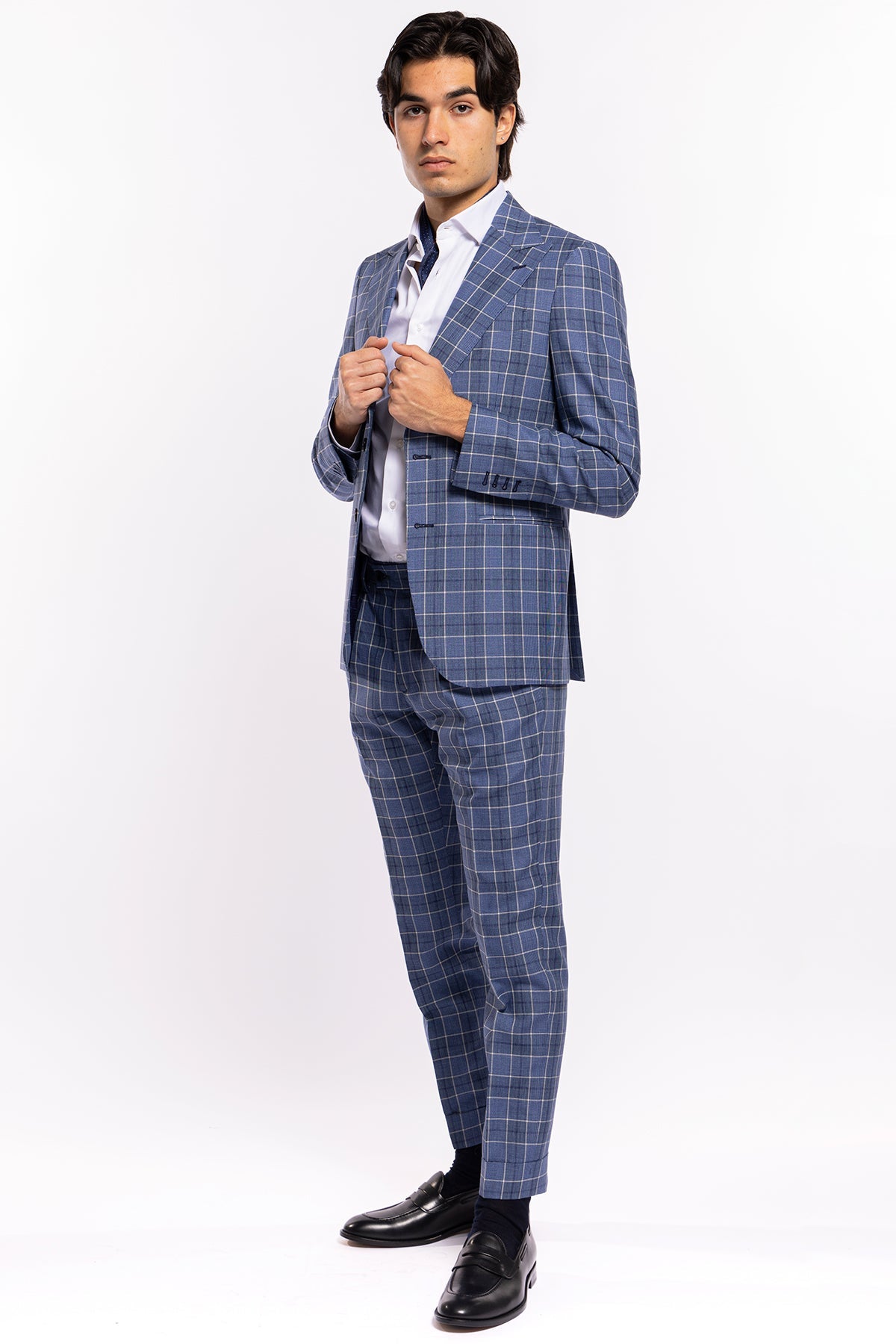 Giacca uomo monopetto blu denim quadri bianchi fresco lana e lino Bristol Tessuti Rever largo a lancia