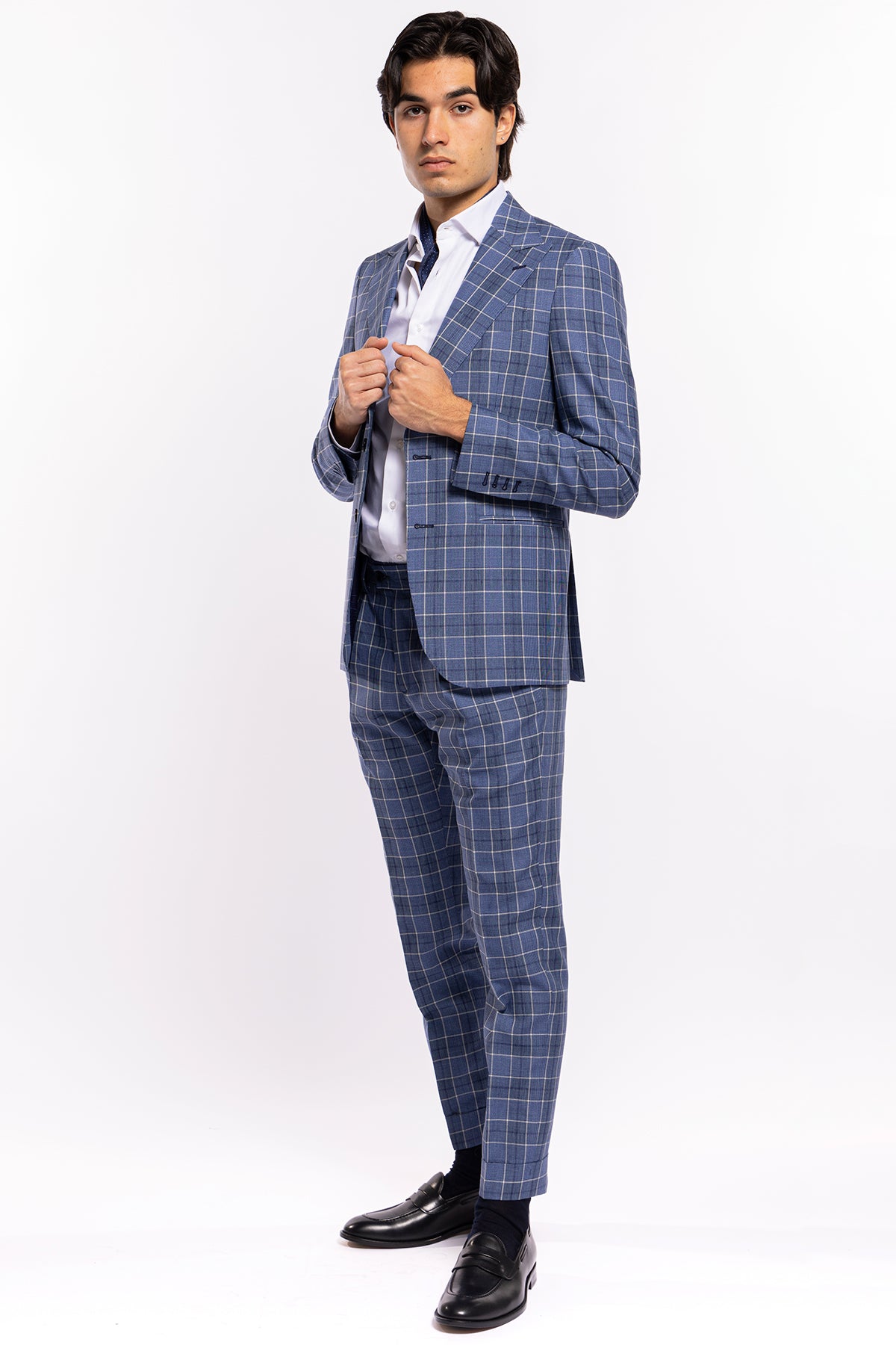 Abito uomo monopetto blu denim quadri bianchi fresco lana e lino Bristol Tessuti Rever largo a lancia