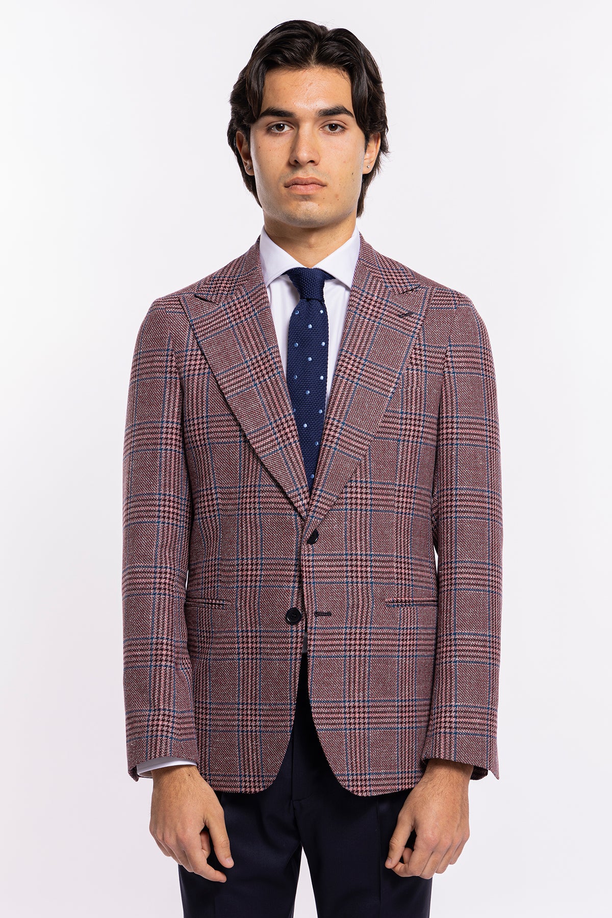 Giacca uomo monopetto bordeaux fantasia galles fresco lana e lino Bristol Tessuti Rever largo a lancia