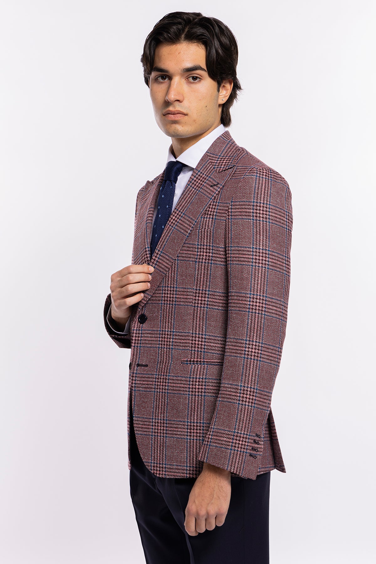 Giacca uomo monopetto bordeaux fantasia galles fresco lana e lino Bristol Tessuti Rever largo a lancia