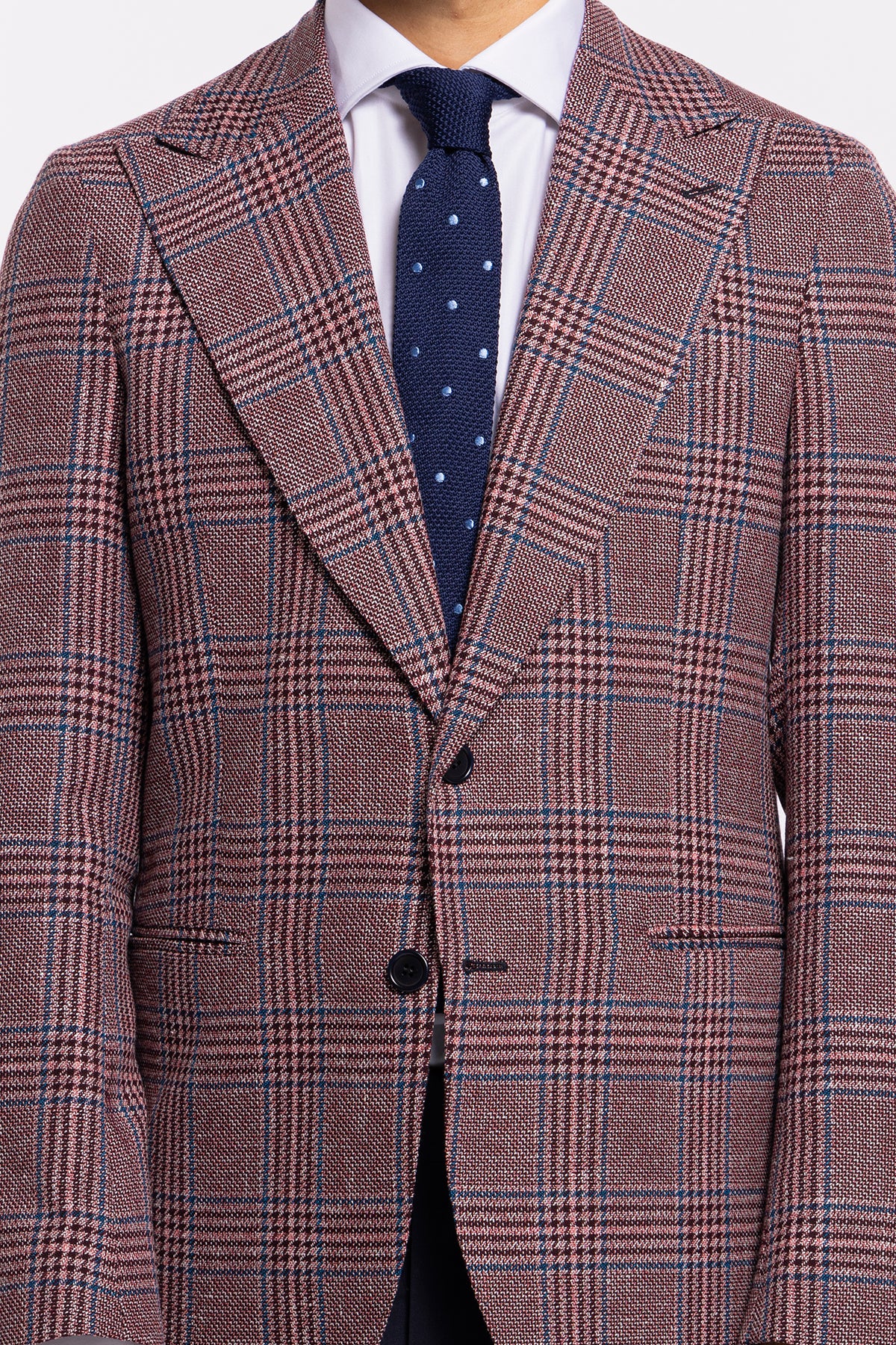 Giacca uomo monopetto bordeaux fantasia galles fresco lana e lino Bristol Tessuti Rever largo a lancia