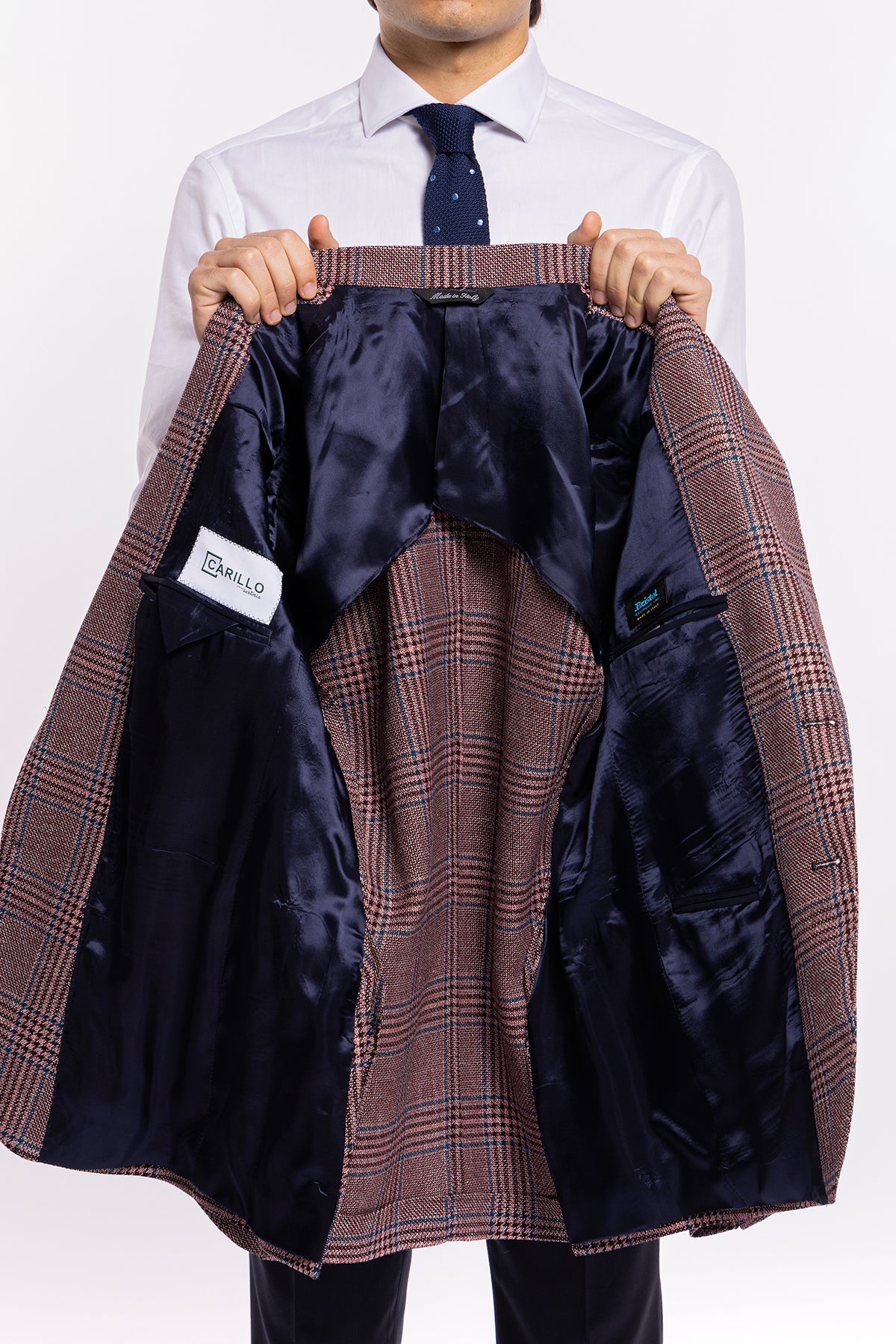Giacca uomo monopetto bordeaux fantasia galles fresco lana e lino Bristol Tessuti Rever largo a lancia