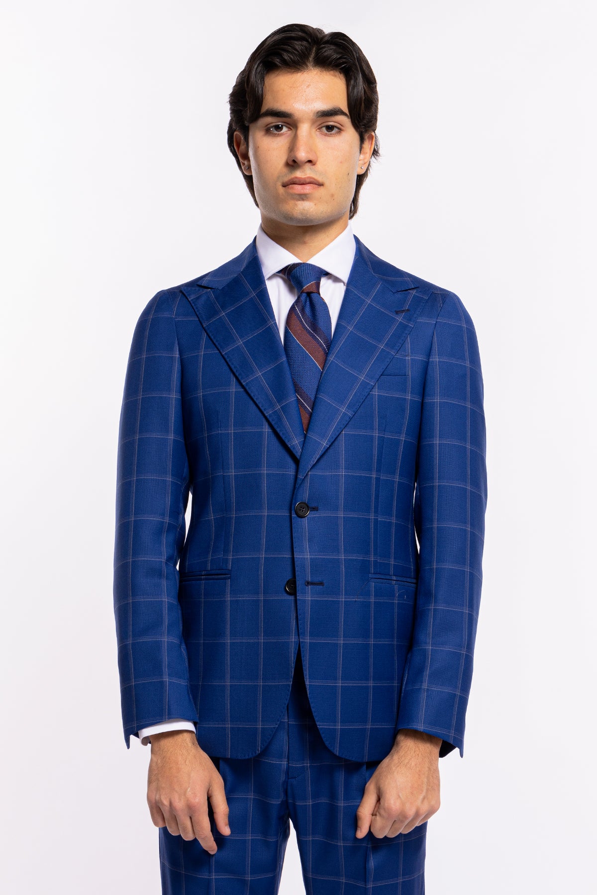 Abito uomo monopetto royal blu fantasia quadri bianchi fresco lana Bristol Tessuti Rever largo a lancia