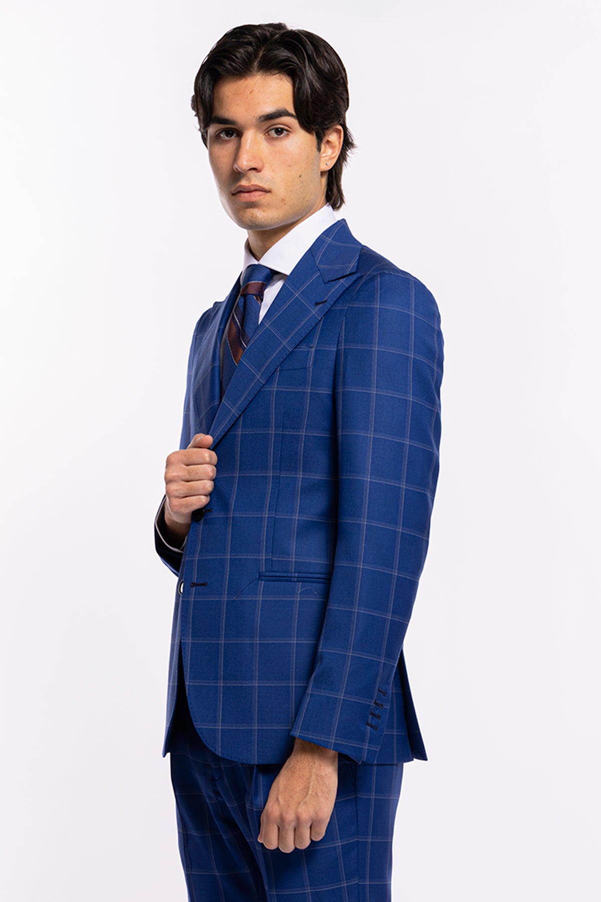 Giacca uomo monopetto royal blu fantasia quadri bianchi fresco lana Bristol Tessuti Rever largo a lancia