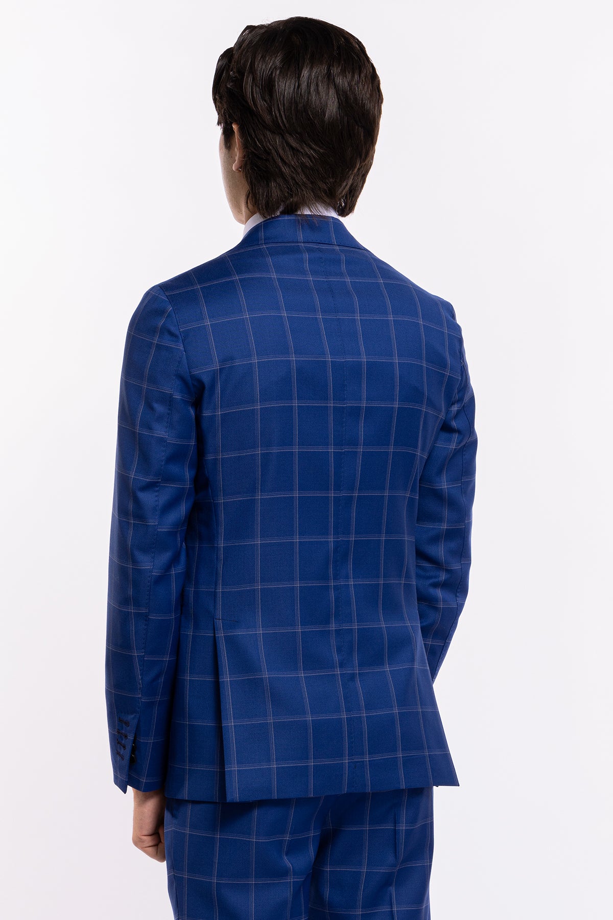 Giacca uomo monopetto royal blu fantasia quadri bianchi fresco lana Bristol Tessuti Rever largo a lancia