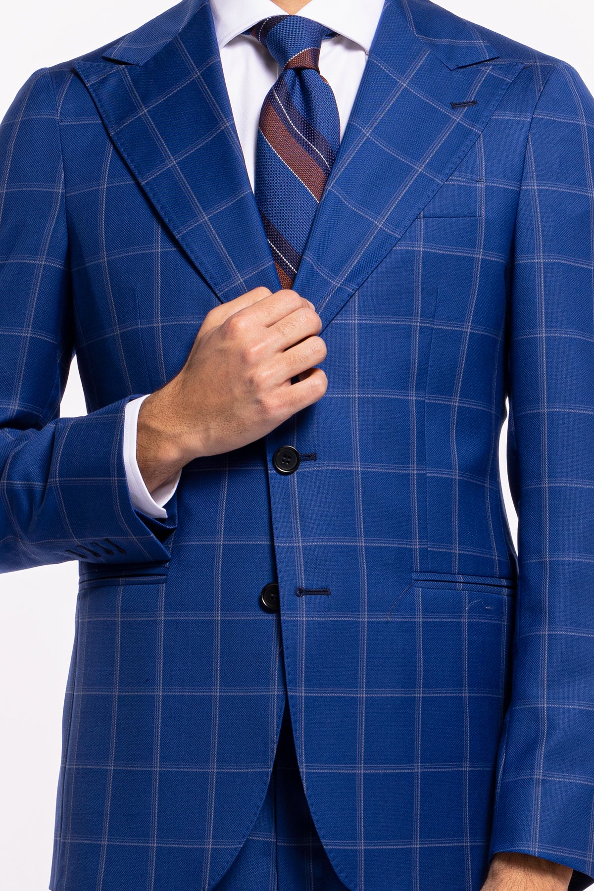 Abito uomo monopetto royal blu fantasia quadri bianchi fresco lana Bristol Tessuti Rever largo a lancia