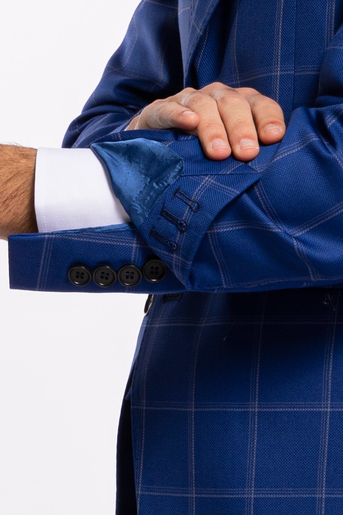 Abito uomo monopetto royal blu fantasia quadri bianchi fresco lana Bristol Tessuti Rever largo a lancia
