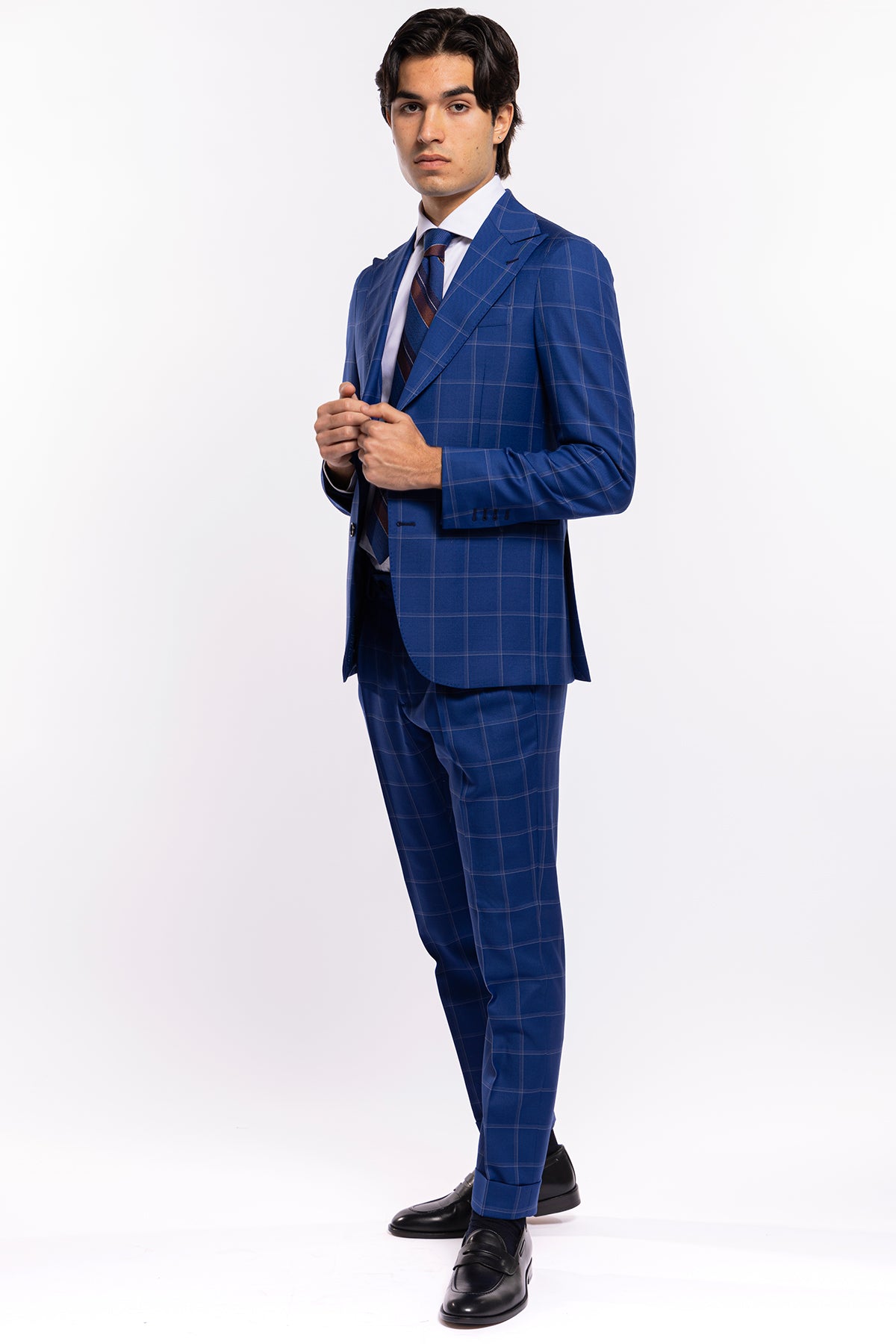 Giacca uomo monopetto royal blu fantasia quadri bianchi fresco lana Bristol Tessuti Rever largo a lancia