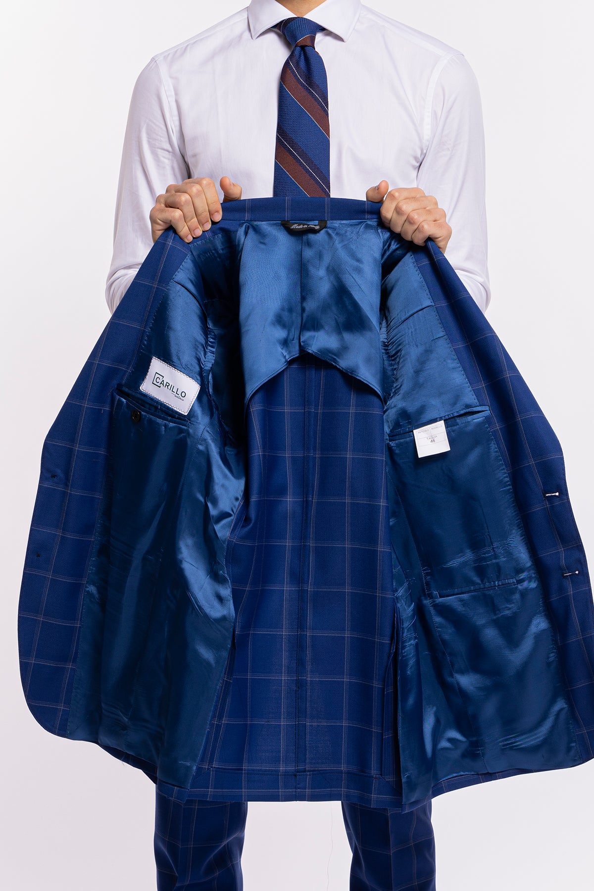 Giacca uomo monopetto royal blu fantasia quadri bianchi fresco lana Bristol Tessuti Rever largo a lancia