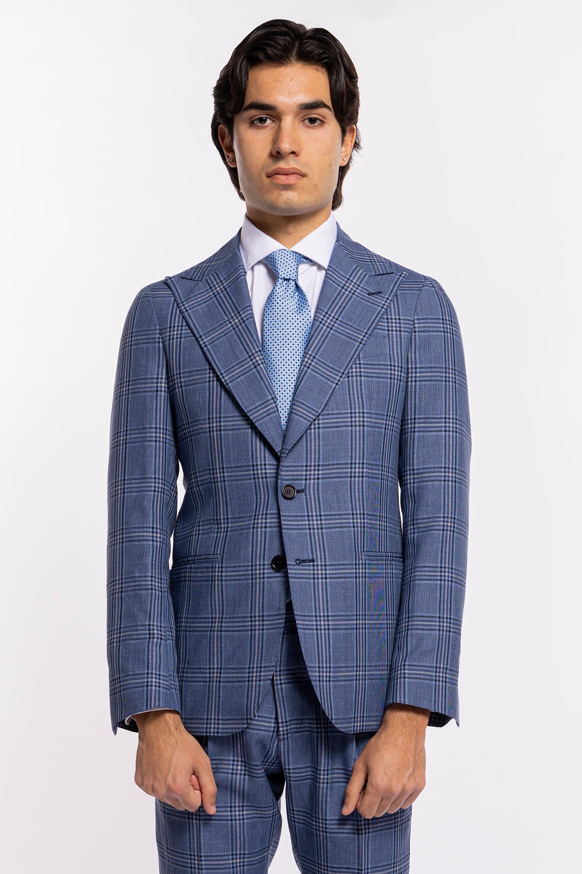 Giacca uomo monopetto denim fantasia quadri blu fresco lana e seta Bristol Tessuti Rever largo a lancia