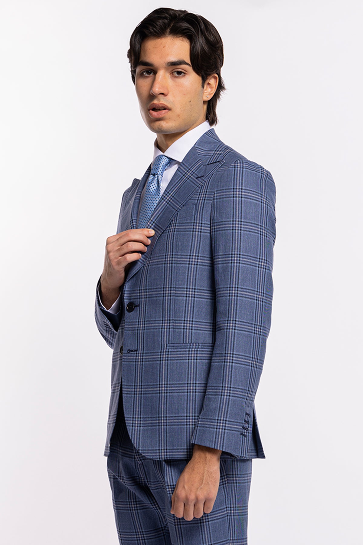 Abito uomo monopetto denim fantasia quadri blu fresco lana e seta Bristol Tessuti Rever largo a lancia
