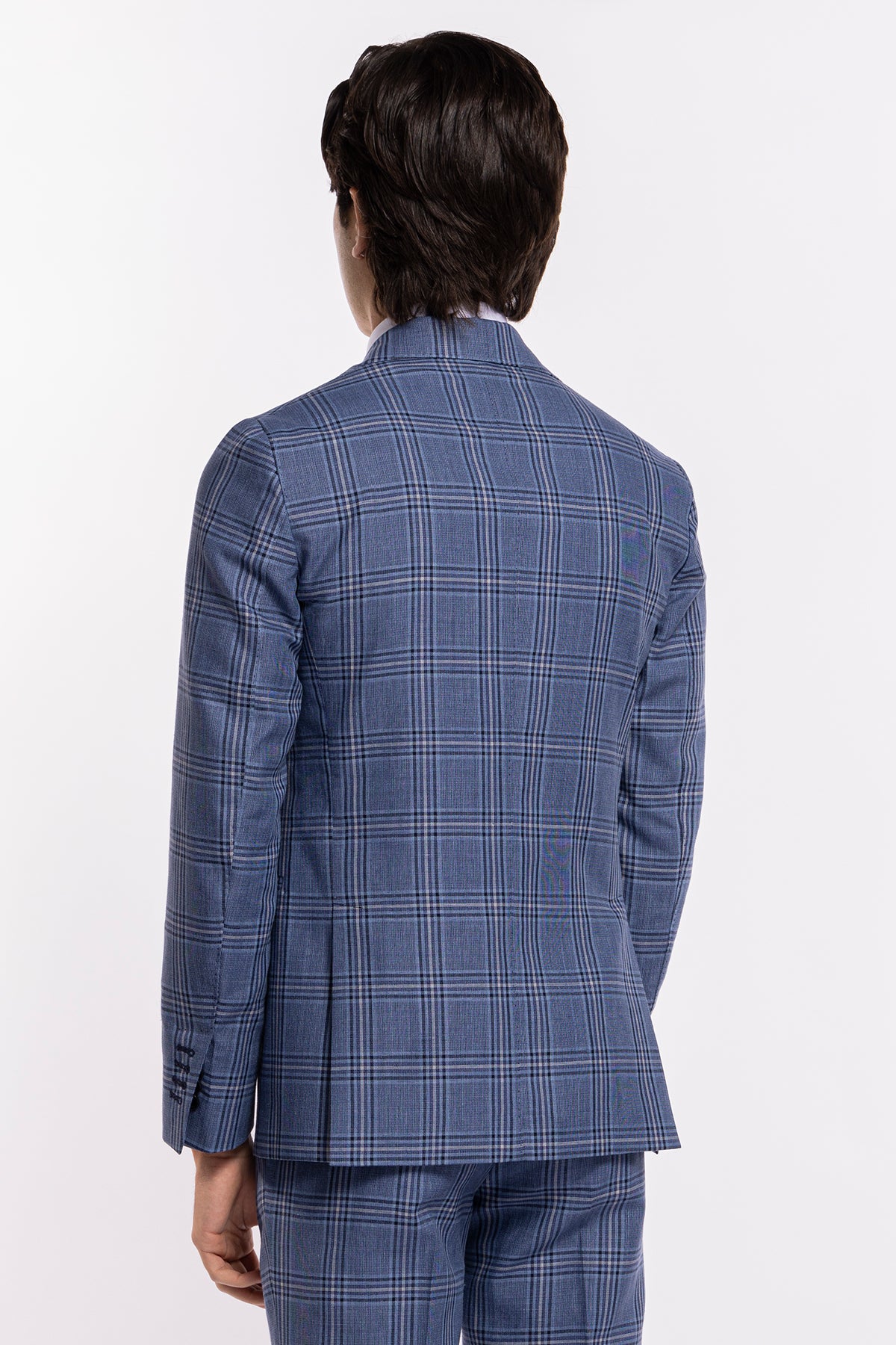 Giacca uomo monopetto denim fantasia quadri blu fresco lana e seta Bristol Tessuti Rever largo a lancia