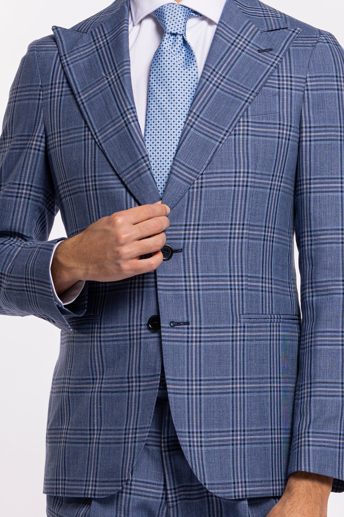 Abito uomo monopetto denim fantasia quadri blu fresco lana e seta Bristol Tessuti Rever largo a lancia