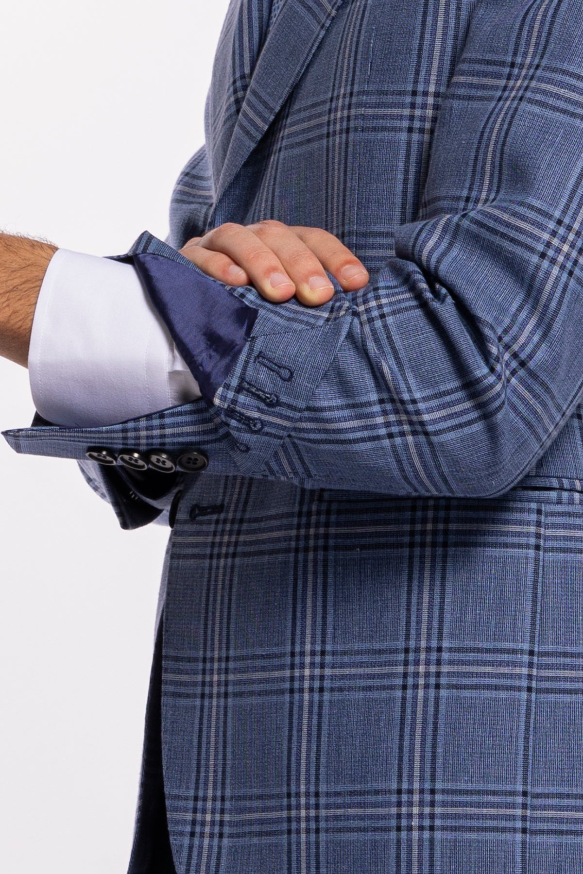 Abito uomo monopetto denim fantasia quadri blu fresco lana e seta Bristol Tessuti Rever largo a lancia