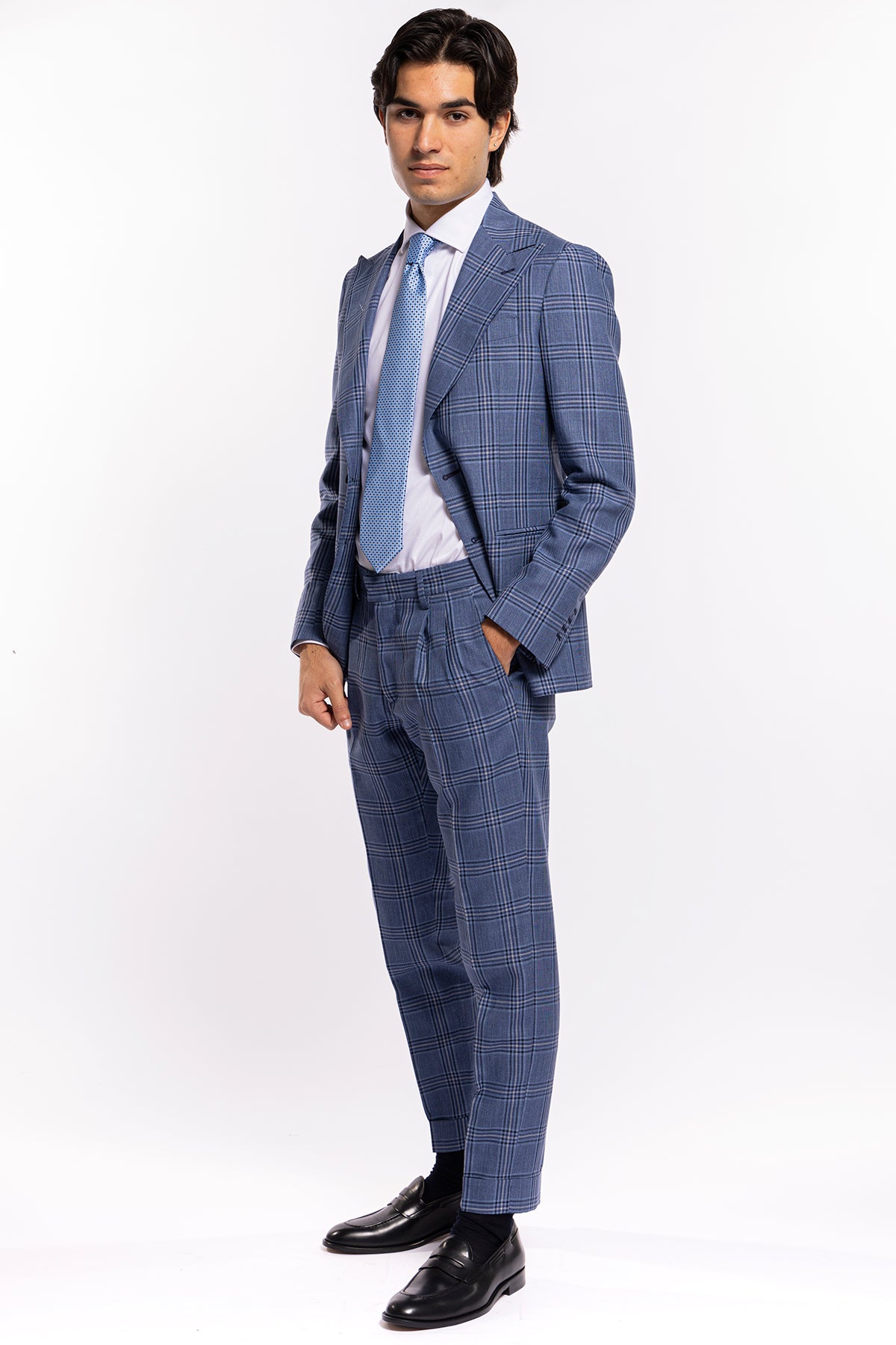 Abito uomo monopetto denim fantasia quadri blu fresco lana e seta Bristol Tessuti Rever largo a lancia