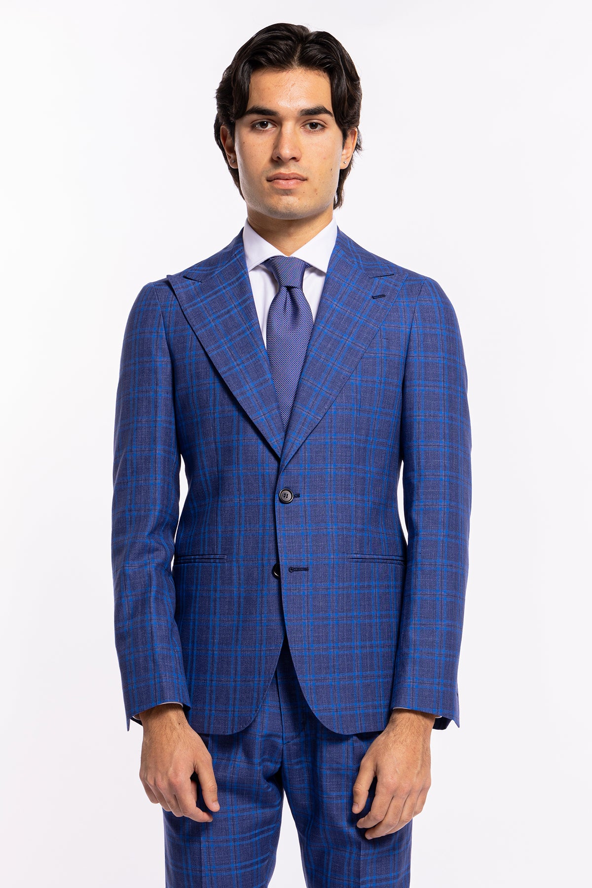 Giacca uomo monopetto blu fantasia quadri royal blu fresco lana e seta Bristol Tessuti Rever largo a lancia
