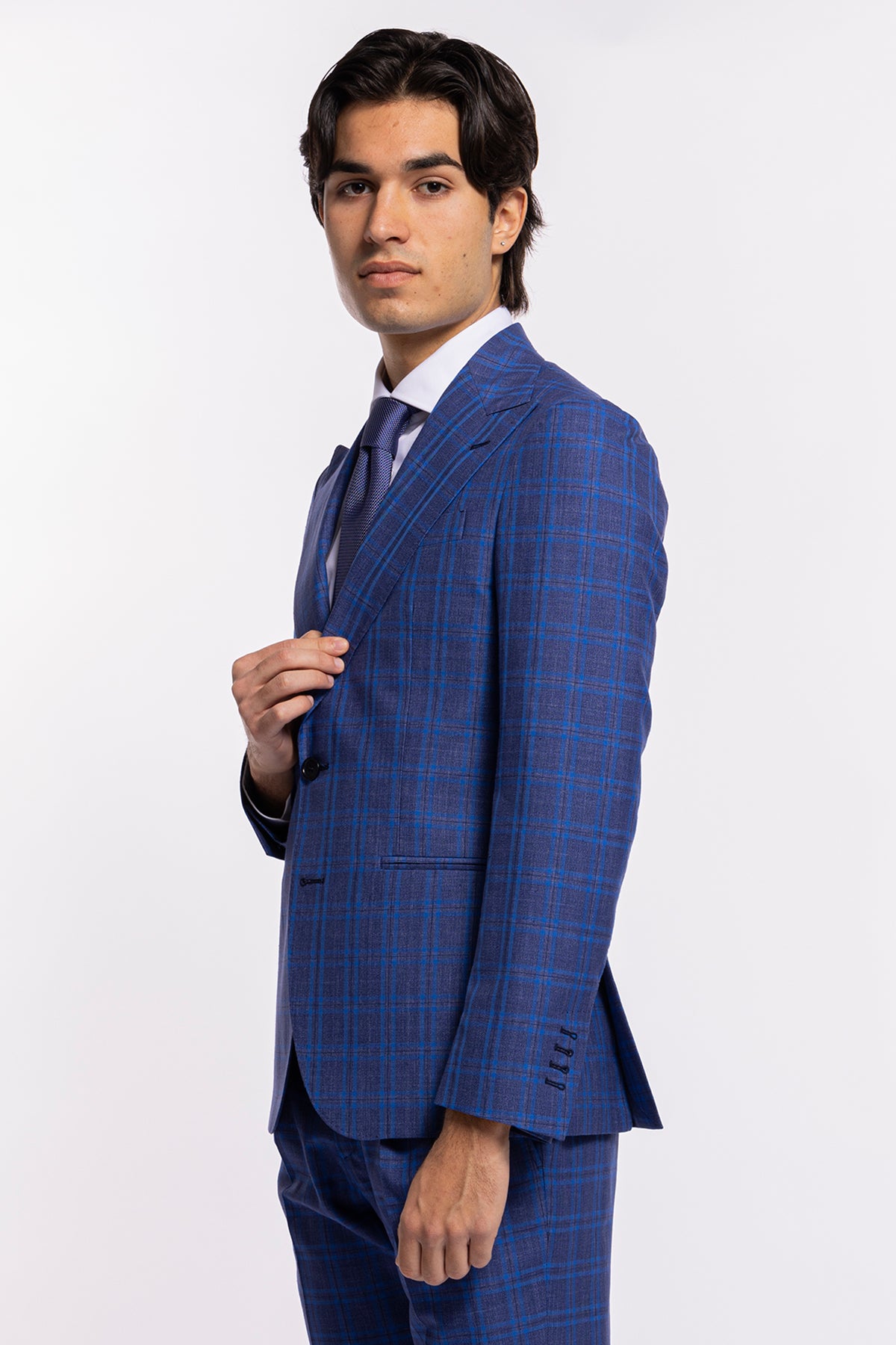 Abito uomo monopetto blu fantasia quadri royal blu fresco lana e seta Bristol Tessuti Rever largo a lancia