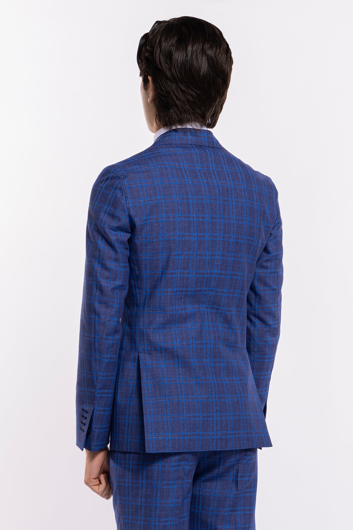 Abito uomo monopetto blu fantasia quadri royal blu fresco lana e seta Bristol Tessuti Rever largo a lancia