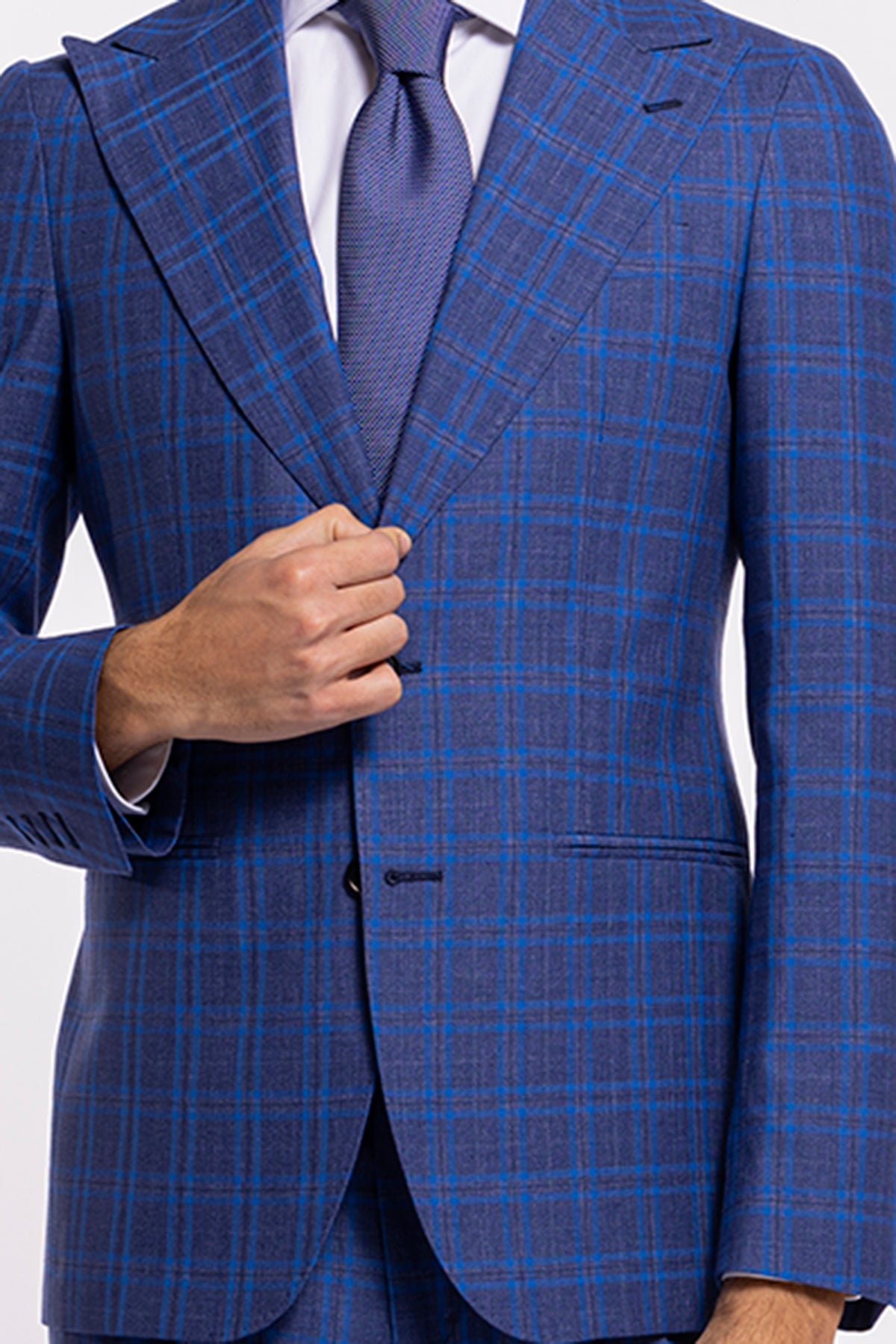 Giacca uomo monopetto blu fantasia quadri royal blu fresco lana e seta Bristol Tessuti Rever largo a lancia